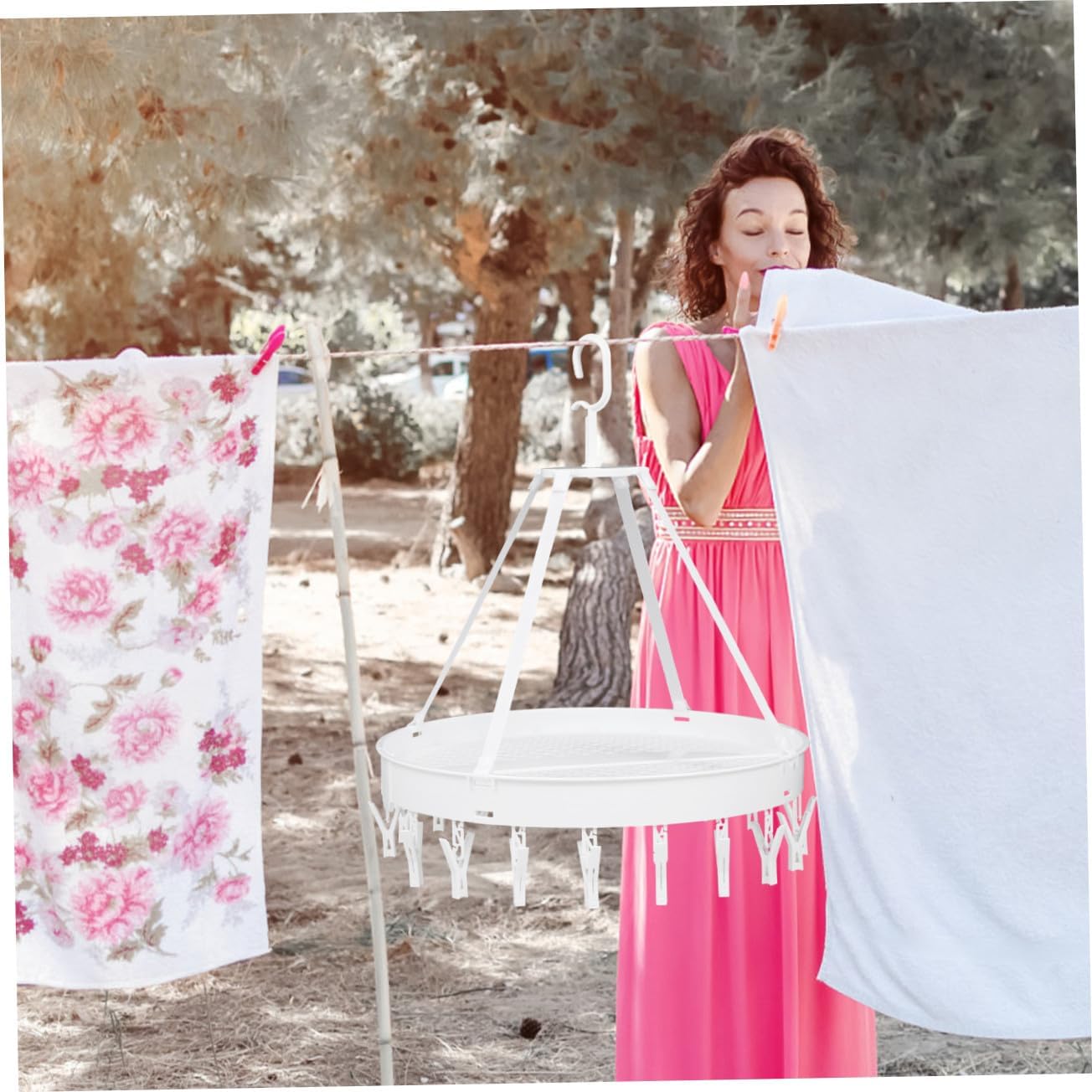 Foldable Multipurpose Clothes Drying Rack with Windproof Hooks White Single Layer Socks Underwear Towels Hanger for Balcony Indoor Laundry Organization