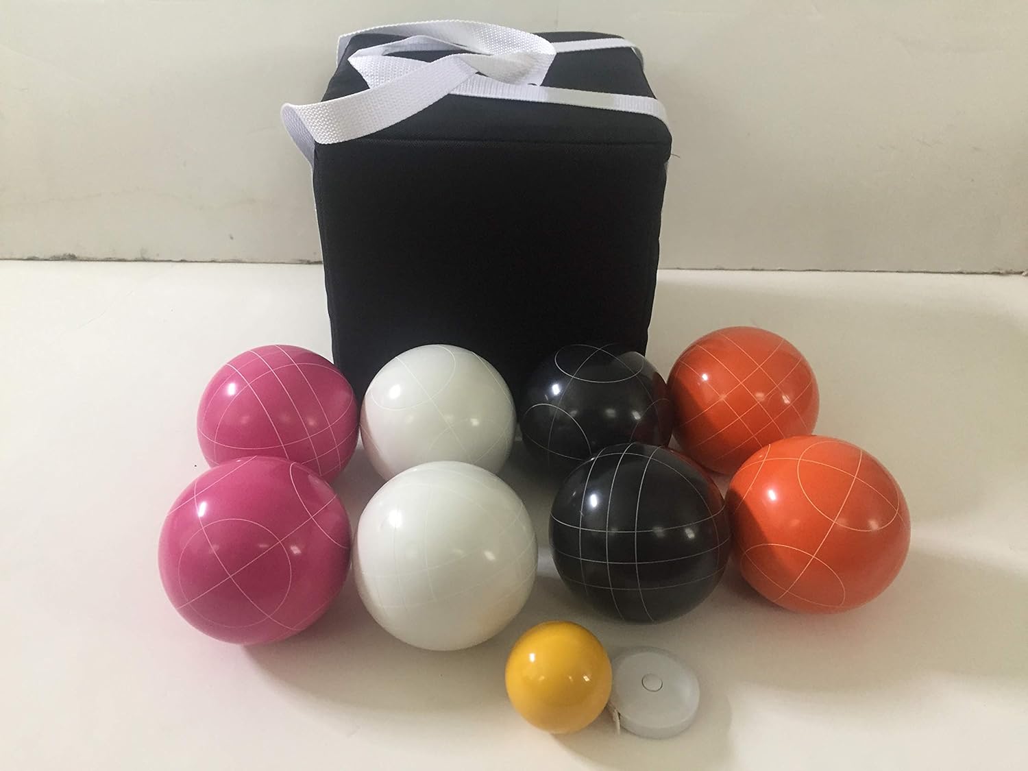 BuyBocceBalls Listing - Unique Bocce Set - 107mm with White, Orange, Black, Pink Balls