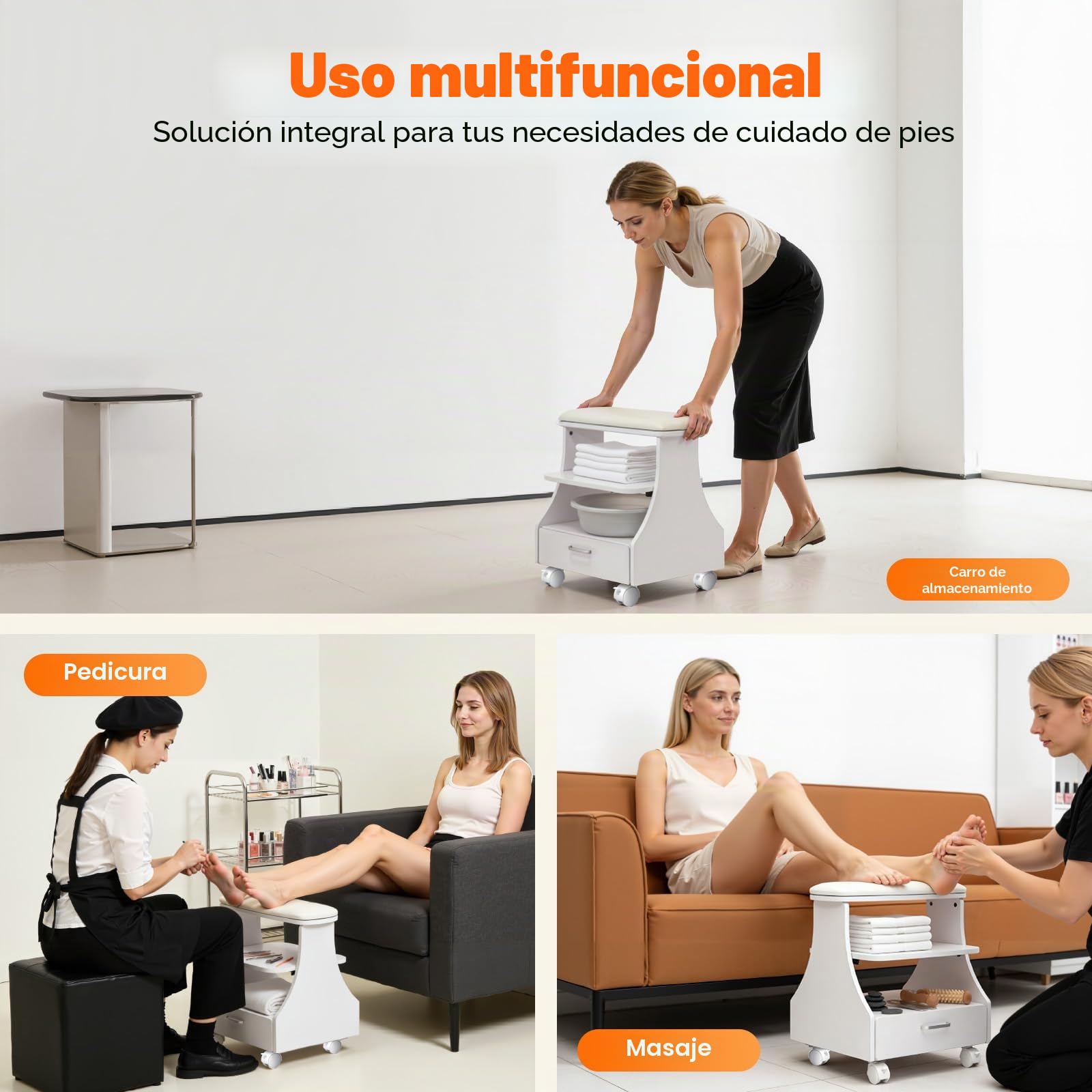 Reposapiés de pedicura con cajón, 3 niveles para el cuidado de las uñas, con 4 casters con frenos, reposapiés y pedicura hasta 50 kg, para salón de belleza, salón de uñas, baños de pies