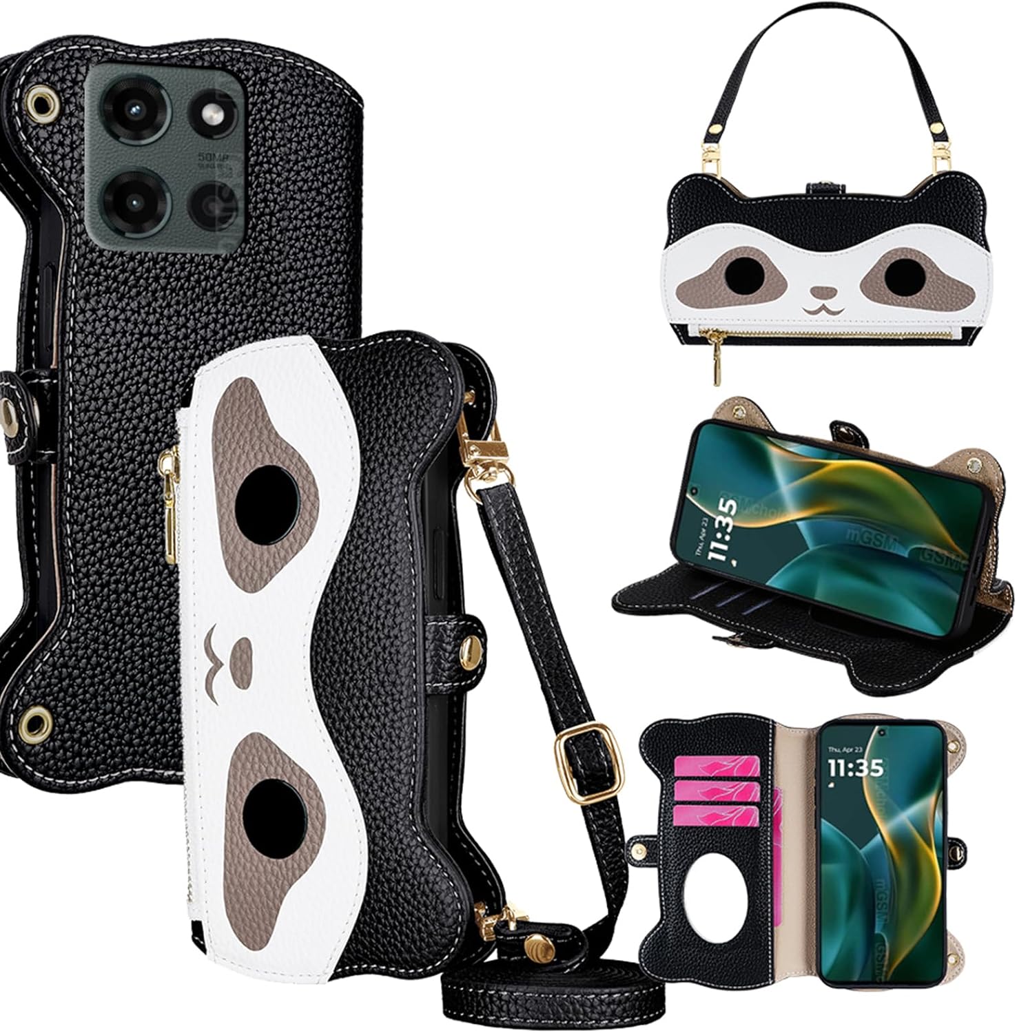 Raccoon Wallet Case for Motorola Moto G Play 2025/G Power 2025, Cute Crossbody PU Leather Flip Cover for Women with Card Slots, Zipper Purse, Mirror, Strap & Kickstand – Black
