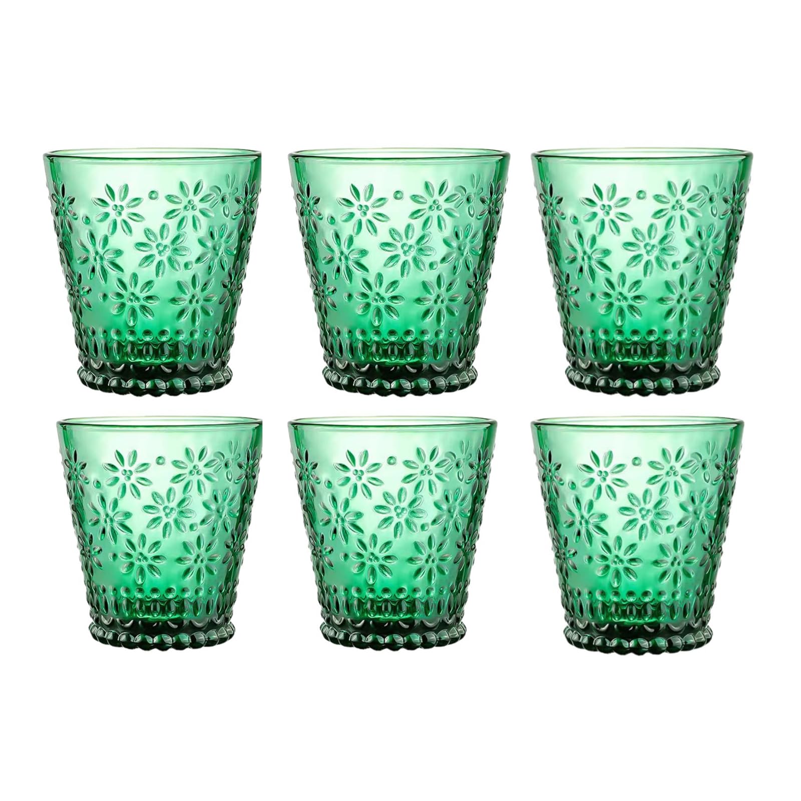 soulnioi Set of 6PC Green Coloured Water Glasses, Embossed Flower Drinking Glass for Tea Juice Beverages, 6pcs