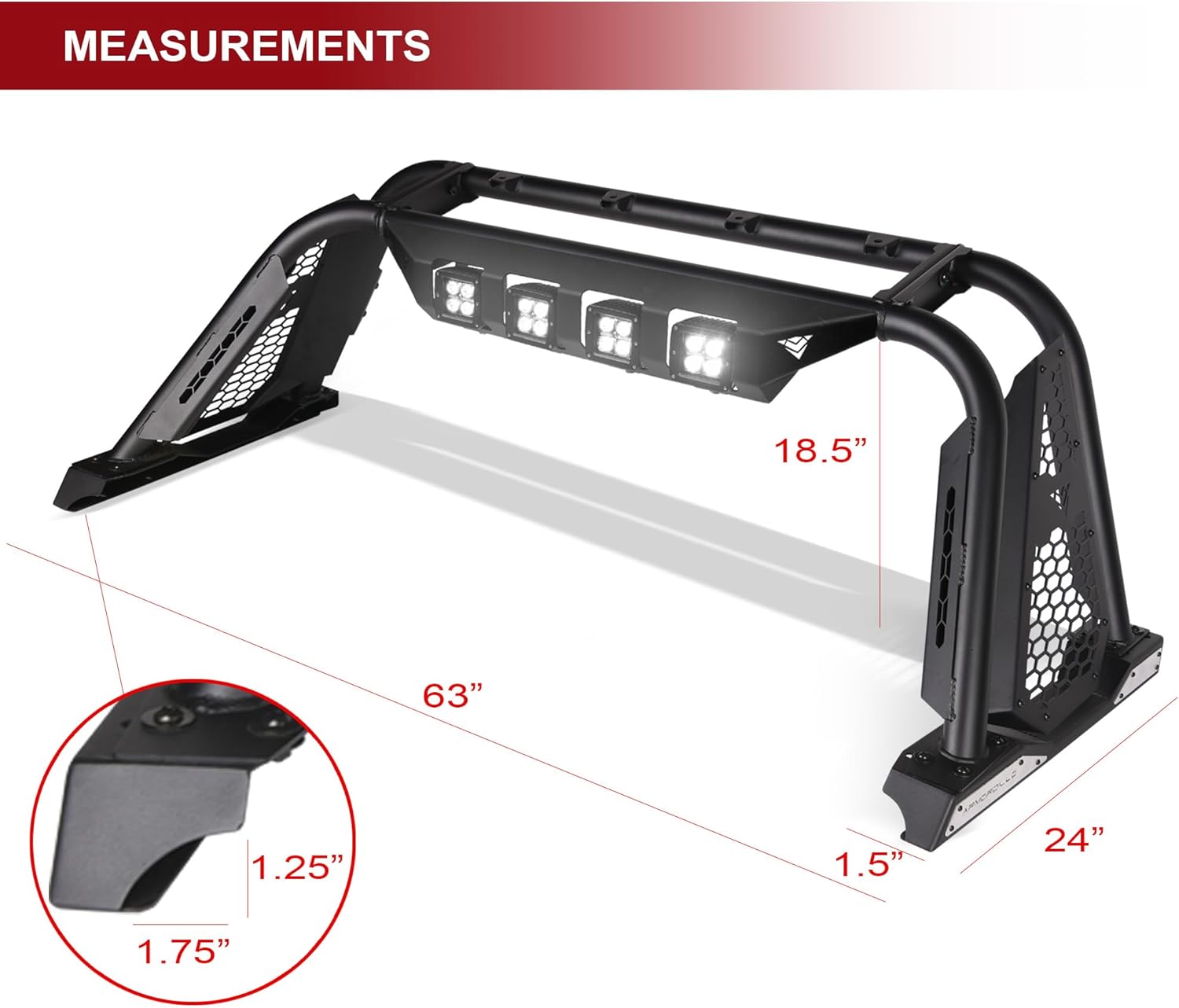 ARMORDILLO CRM Roll Bar Style Chase Rack for Mid Size Pickup Trucks|with 4X Quad LED Light Pods|Compatible 05-24 Tacoma|15-24 Colorado/Canyon|19-23 Ranger|05-24 Frontier|CR-M 7161894 - Matte Black