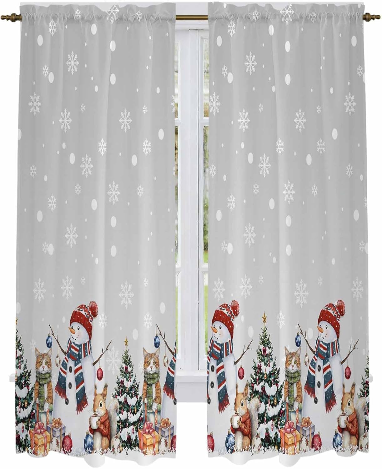 Grey Christmas Window Curtains 72 Inch Long 2 Panel Set, Rod Pocket Long Curtains & Drapes, Winter Snowman Cat Squirrel Xmas Tree Light Filtering Window Treatment for Bedroom Living Room 52"W x 72"L