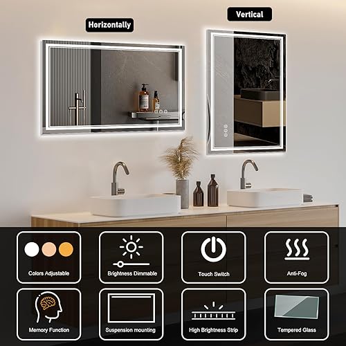 Miniatura 5 de Espejo de baño LED de 30x30 pulgadas con iluminación frontal y trasera (control independiente), espejo iluminado para pared de baño con 3 colores