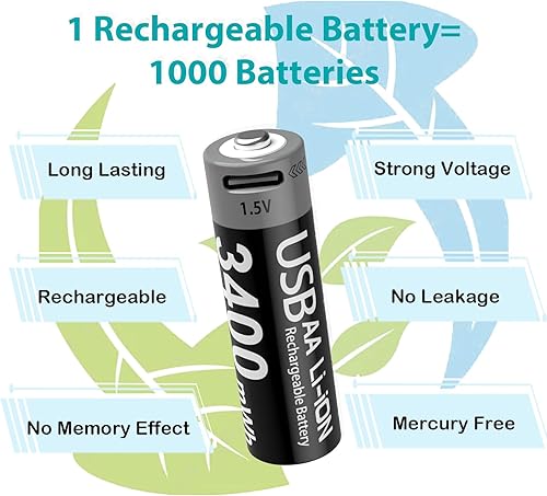 Miniatura 3 de Paquete de 4 baterías de litio recargables AA con cable de carga USB-C, 1000 ciclos, 1.5 V, 3400 mWh, baterías dobles A