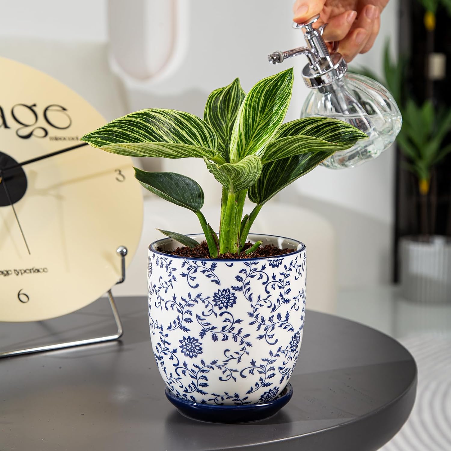 Ceramic Succulent Planter Pots - 4.6 Inch Small Flower Pot with Drainage Holes and Saucers for Indoor Plant, Cactus, Herbs, Outdoor Plants, Home Decor, Set of 4, Vintage Blue