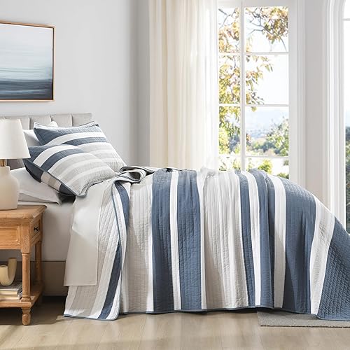 Vista 17 de SahSahCasa Juego de edredón tamaño King, juego de edredón 100% algodón, colcha tamaño King, edredón ligero, reversible, a rayas, para cama King