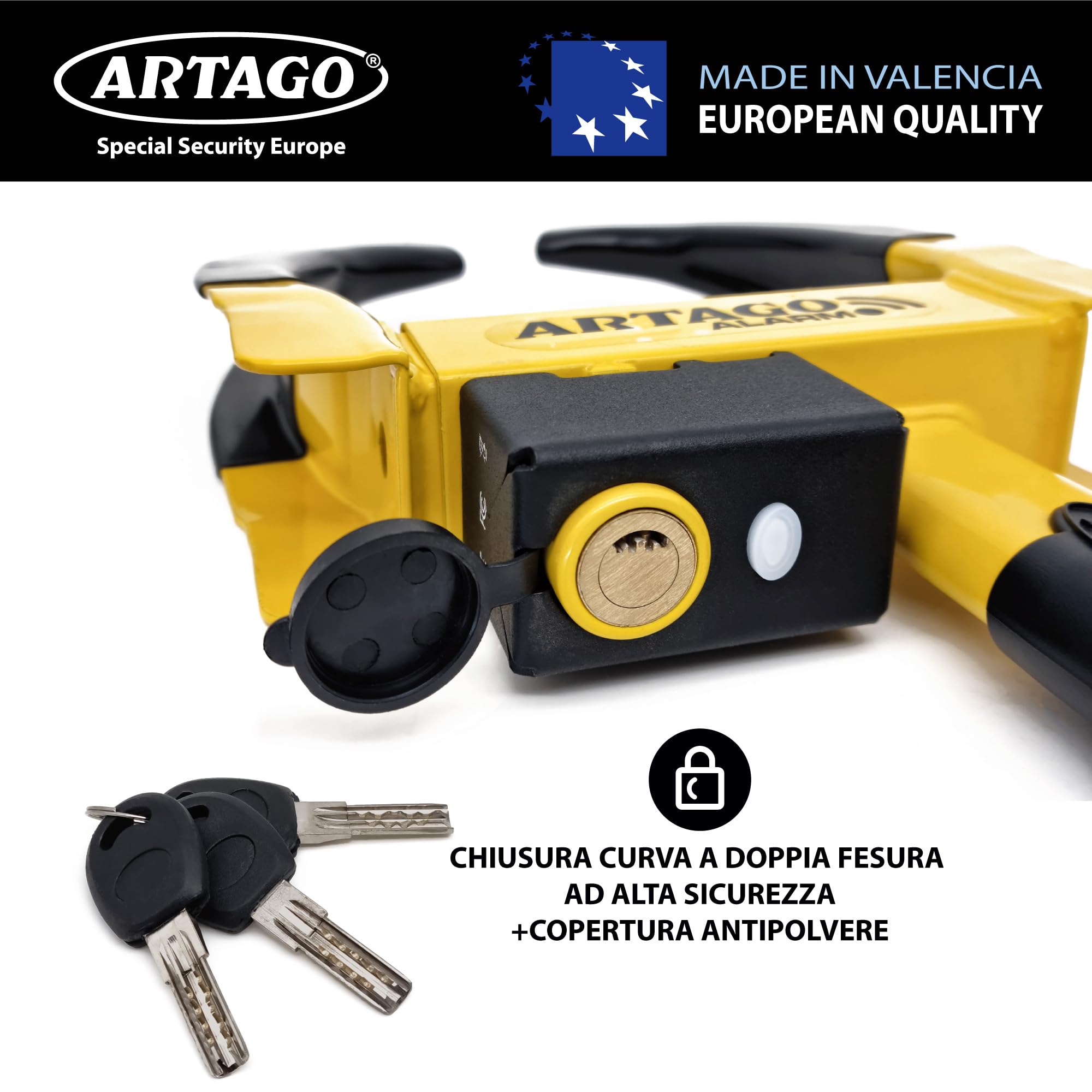 ARTAGO ART872 Il Blocca Ruota Più Sicuro e Deterrente, Antifurto Auto Rimorchio Camper 2in1, Senza/Con Allarme 120dB+LED Avviso Visibile Notte, Doppia Protezione Antiruggine Più Resistente, Universale