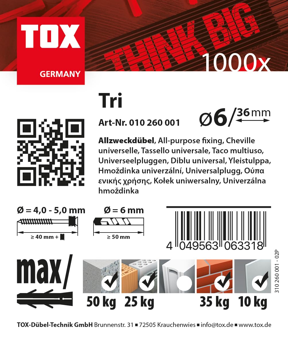 TOX tassello multiuso TRI 6 x 36mm in confezione grande, tassello per quasi tutti i materiali da costruzione, 1000 pezzi in latta rotonda versatile e infrangibile, 2500 ml, 010260001