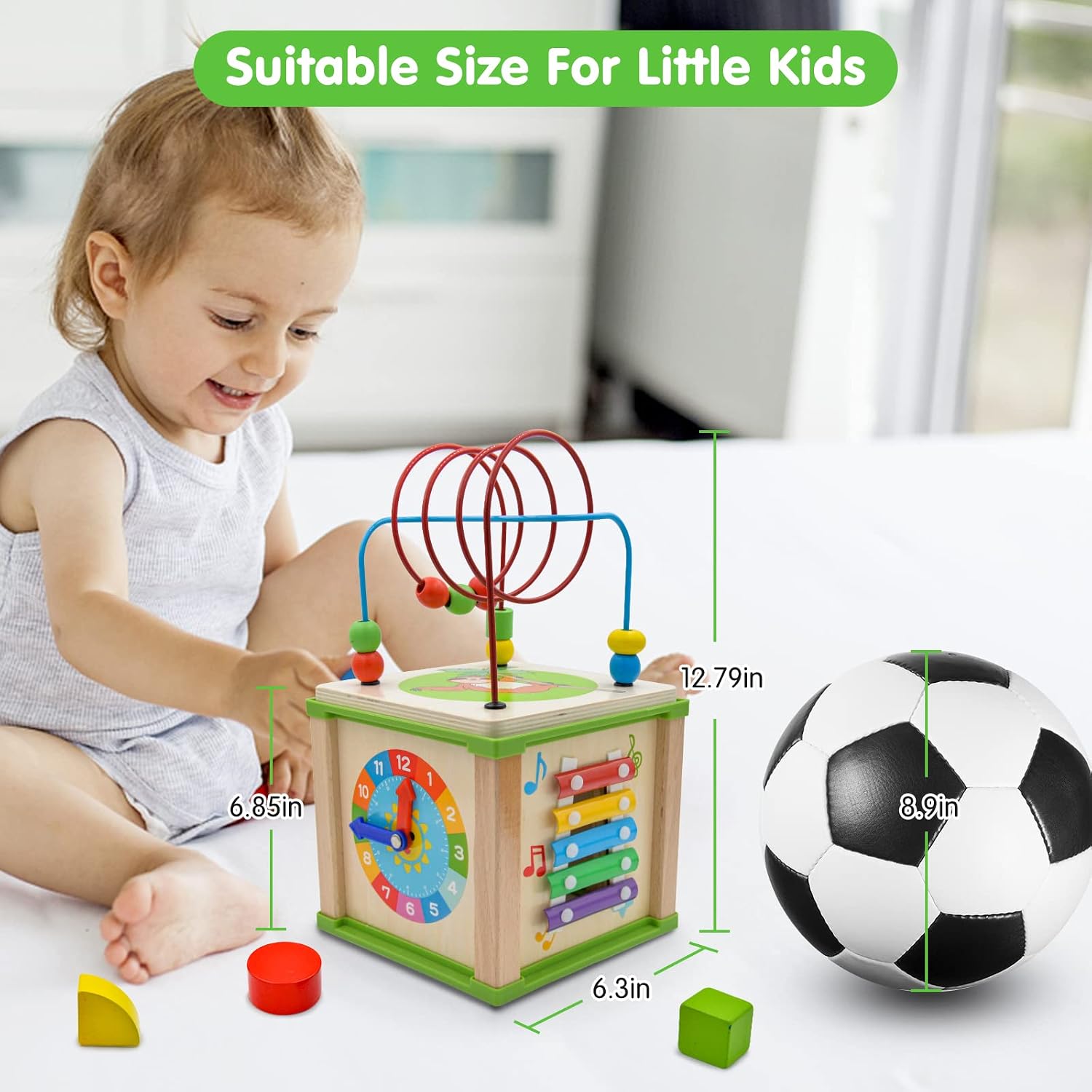 Amagoing 5-in-1 Baby Activity Cube, Wooden Educational Kids Toys for Toddler, Montessori Development Learning Toys with Bead Maze for Boy Girl, First Birthday Gift (Bule Packaging)