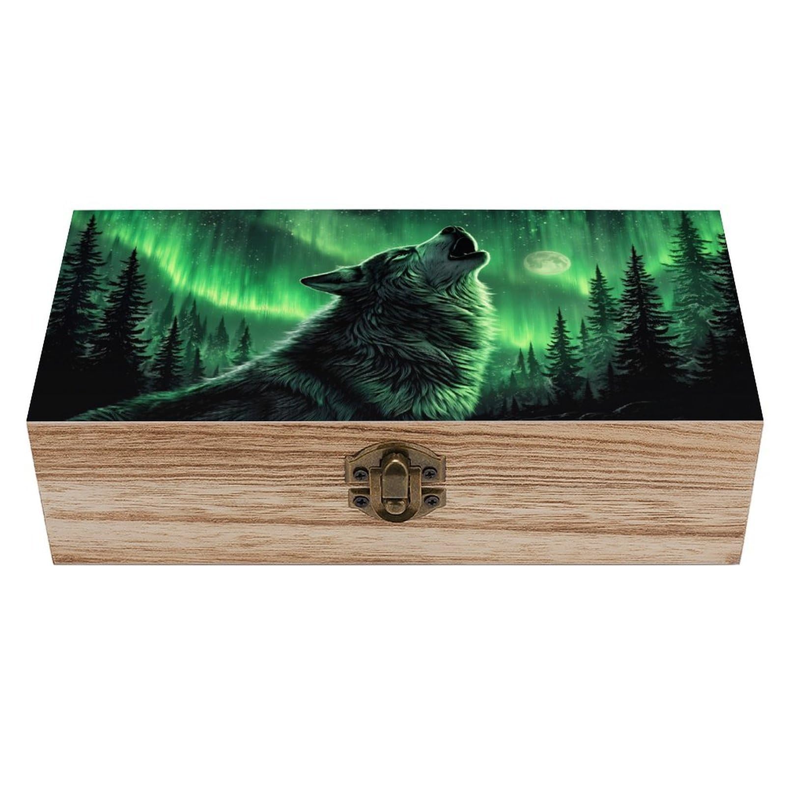 SMAZDFXX Wolf Howling Under Aurora Night Wooden Keepsake Box Vintage Solid Wood with Hinged Lid 7.9"×3.7"×2.3" Metal Latch Rustic Home Decor for Jewelry Photos And Trinkets