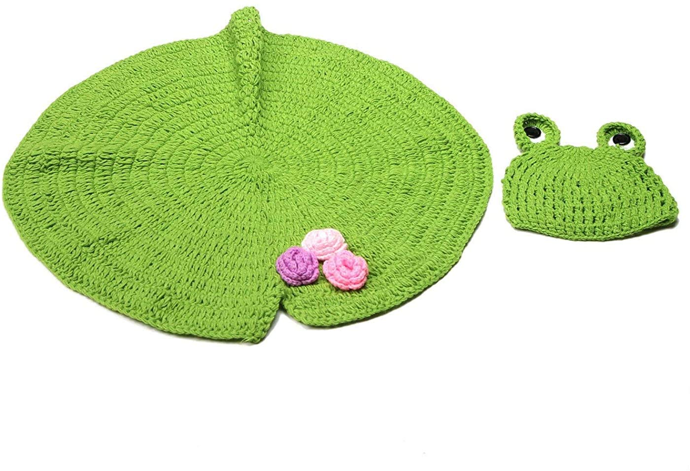Newborn Baby Photo Shoot Props Boys Girls Crochet Knitted Hat Cute Frog Beanie Cap and Lotus Leaf Blanket Photography Props