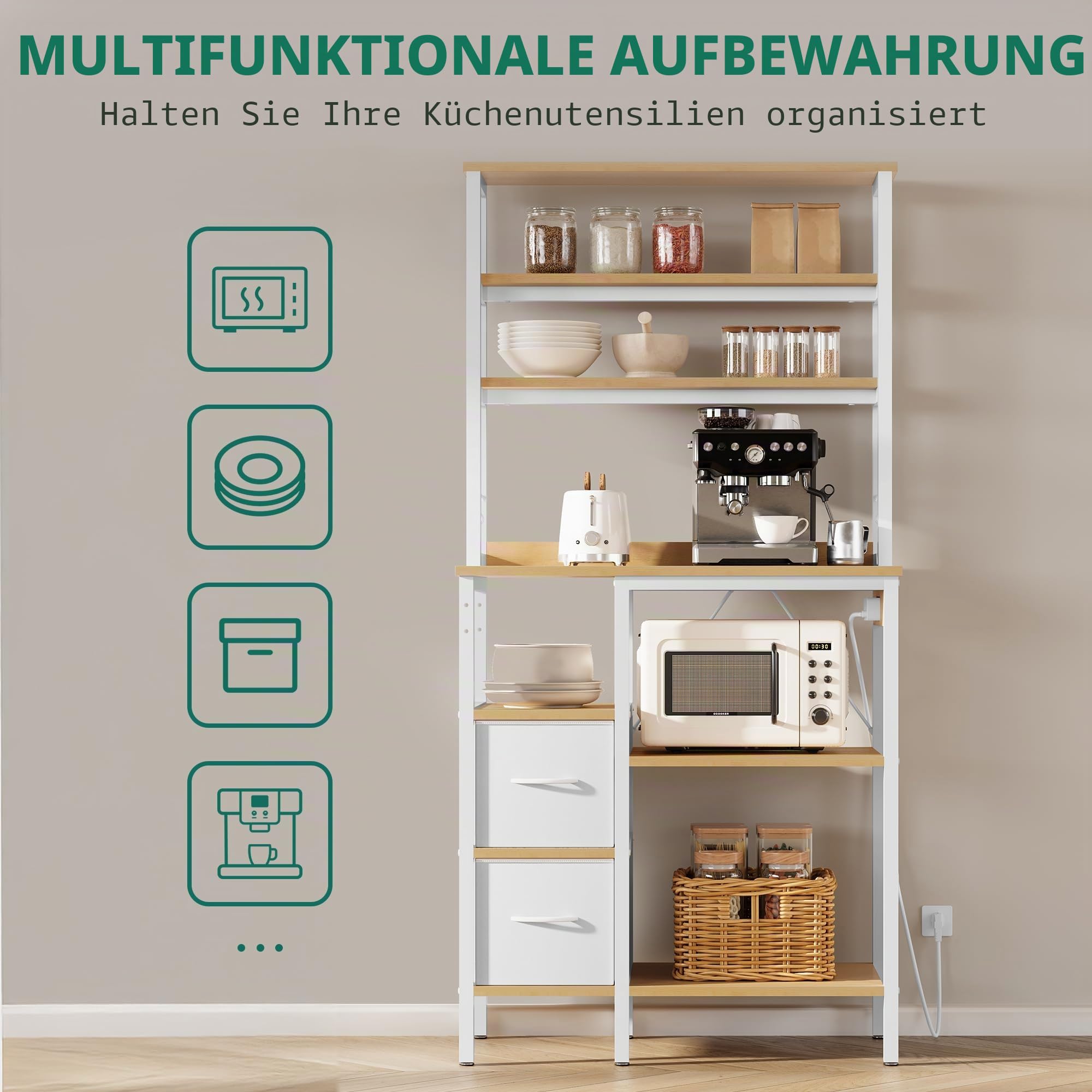 YITAHOME Küchenregal mit Steckdose, 2 AC-Steckdosen, 2 USB-Anschlüssen, Kaffeebar, Bäckerregal mit 2 Schubladen und 4 Haken, Mikrowellenregal, für Backofen, 80 x 39,9 x 167,6 cm, Eiche und Weiß