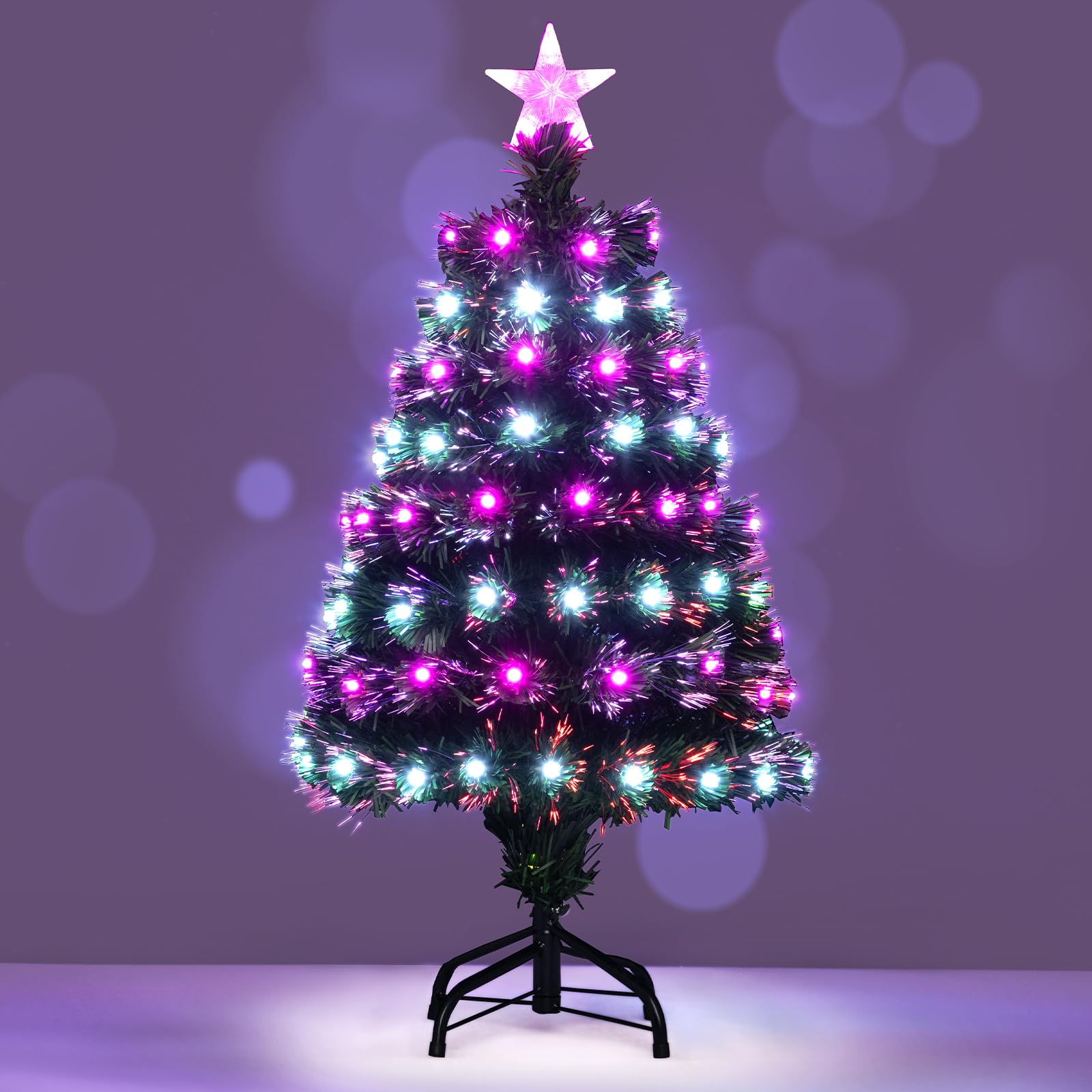 Albero di Natale Artificiale Illuminato da 93 cm, Albero di Natale con Fibre Ottiche Multicolore, 96 Luci LED Viola e Bianche, 8 Modalità, 96 Punte di Rami in PVC, Stella sulla Cima, Base Metallica
