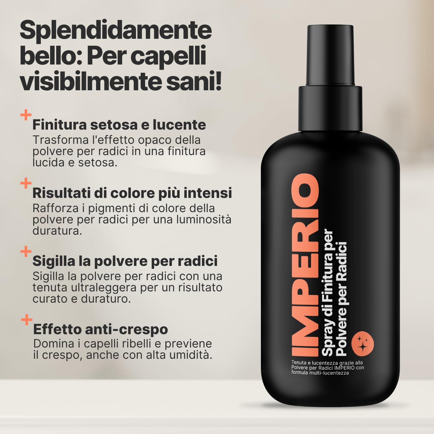 IMPERIO Spray di Finitura di Polvere per Radici - Spray Premium con Effetto Anti-crespo per una Finitura Setosa - Rifinitura Colore e Sigillatura Della Polvere per ritocco ricresita capelli - 250ml