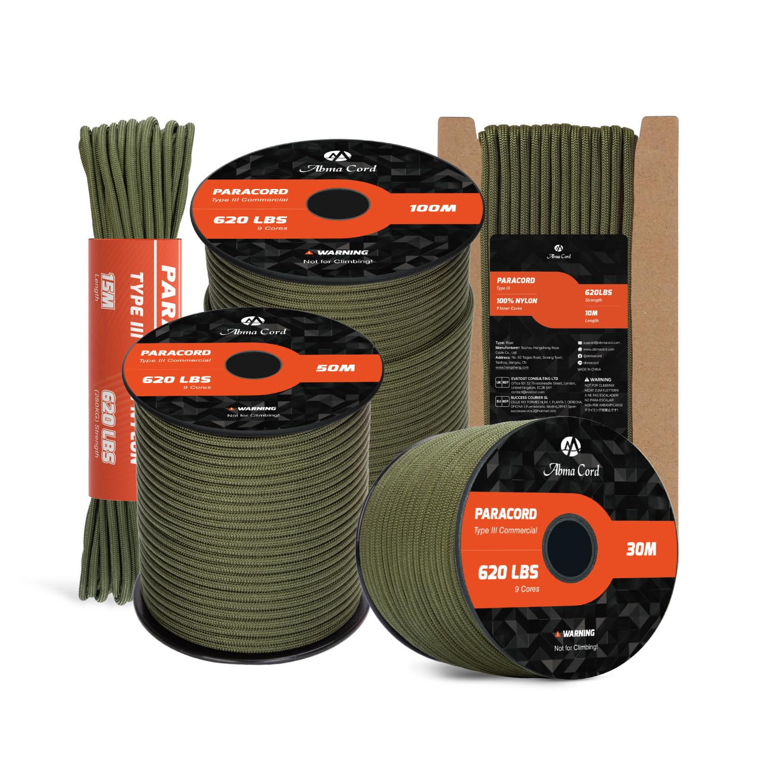 Abma Cord Paracord 4mm 10m 100% Nylon Rope 9 Strands Type III Parachute Cord for DIY, Camping, Survival, Outdoor - Max. 280kg - Army Green