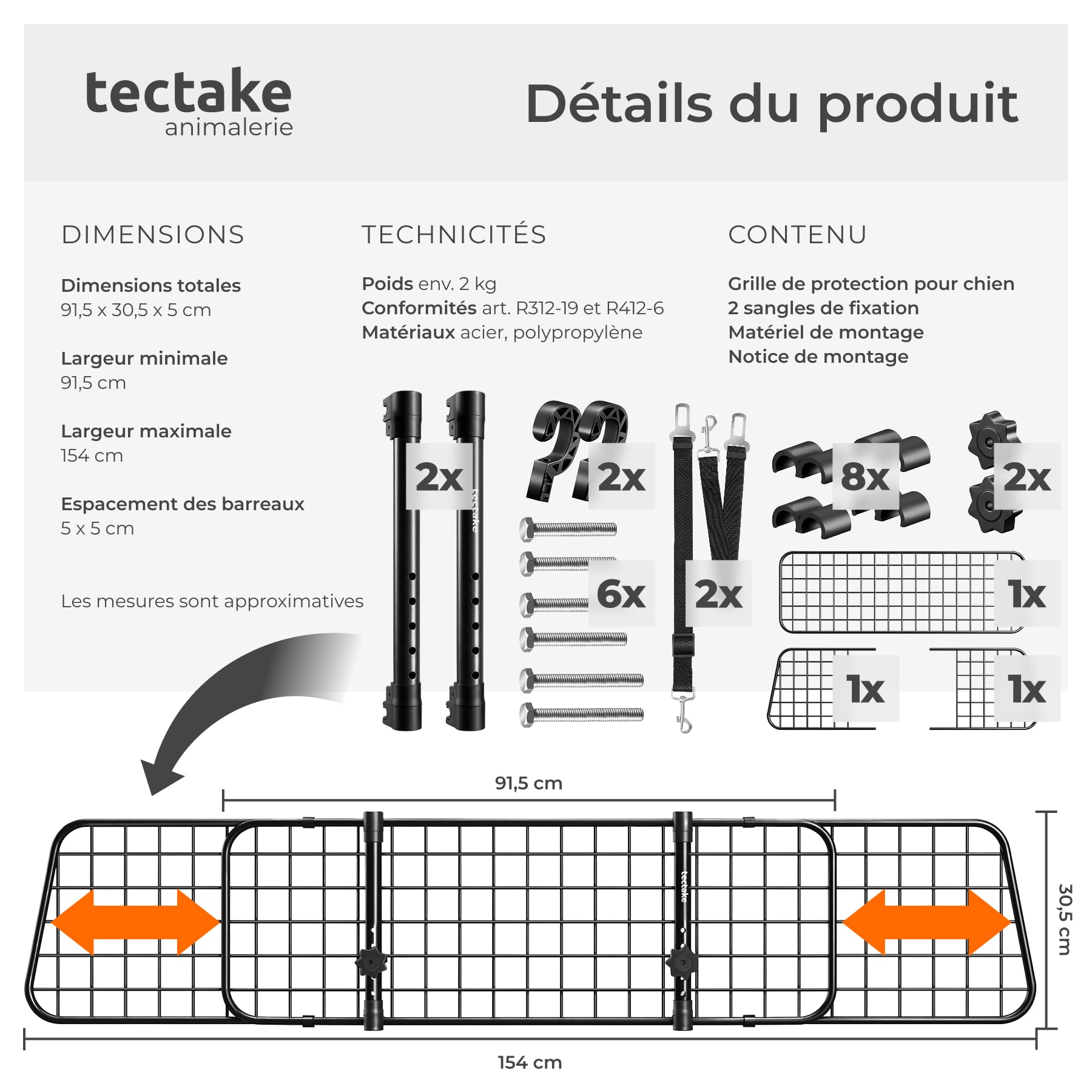 tectake® Barriere de securite Universelle pour Transport Chien Voiture Grille de Protection Voiture portable, Largeur réglable 91,5 à 154 cm, 2 ceintures incluses, Cloture Chien Accessoires pour Chien