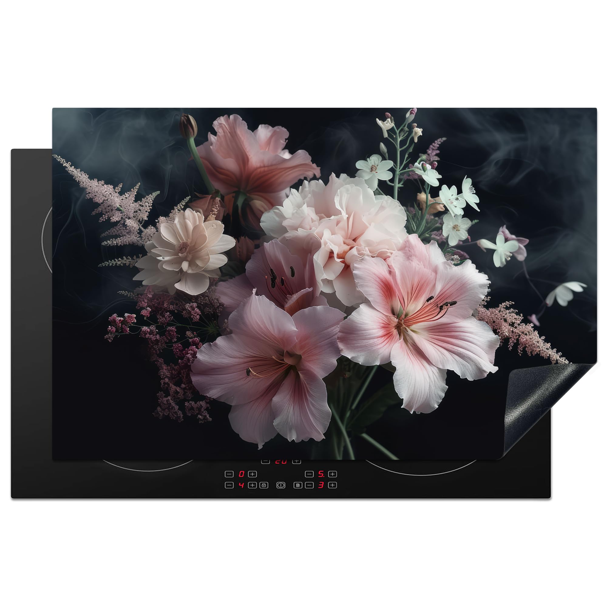 KitchenYeah© Induction Hob Protector Mat 20.8"x32.1" / 81.6x52.7 cm Cooker Top Protectors Cover Ceramic Covers Electric Hobs Vinyl Flowers - Pink - Vapour - Plants — image 1