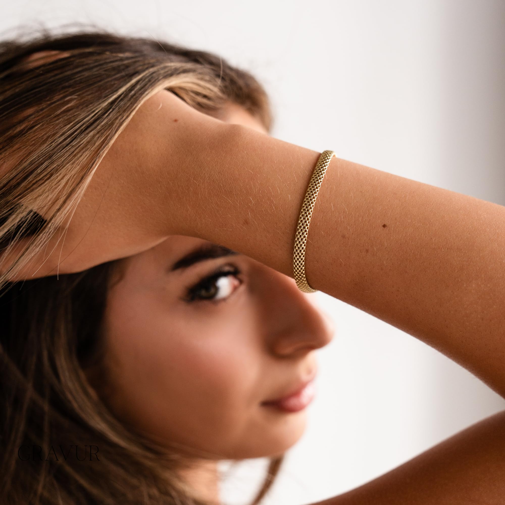 ZELYA Bracciale in argento 925 placcato oro – larghezza 5 mm bracciale da donna oro 585 14 K, 17 – 20 cm a scelta, oro massiccio 925/585, incisione personalizzabile, in confezione regalo