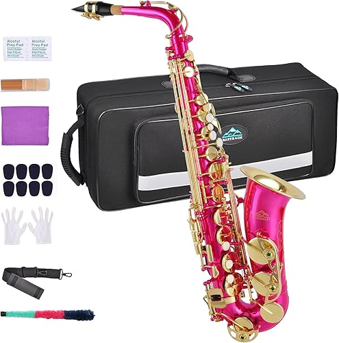 EASTROCK Pink Alto Saxophone E Flat Alto Sax Professional Playing Brass Alto Saxophone Kit for Beginner Student Kid and Musician with Carrying