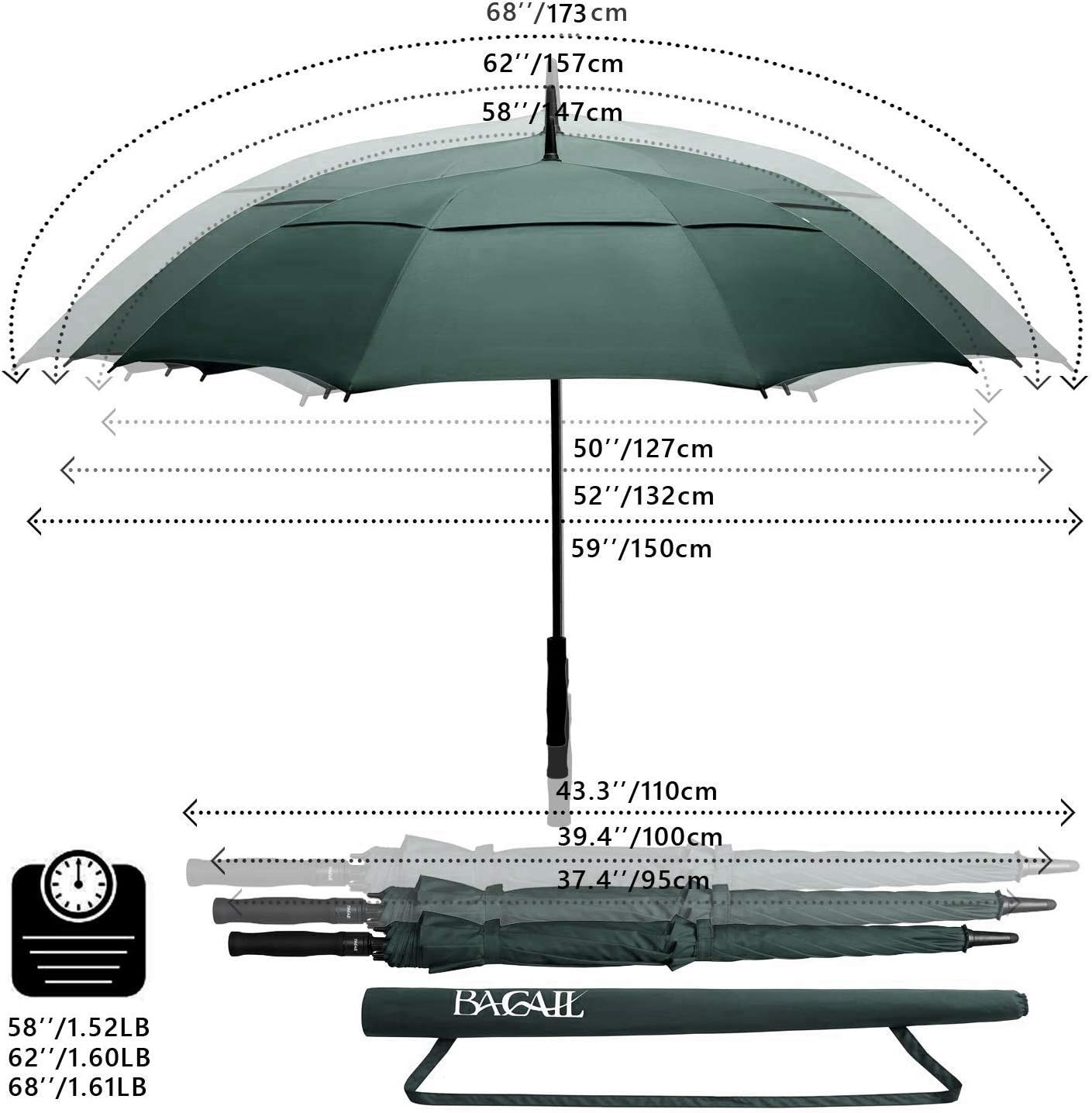 BAGAIL Golf Umbrella 68/62/58 Inch Large Oversize Double Canopy Vented Automatic Open Stick Umbrellas for Men and Women : Sports & Outdoors