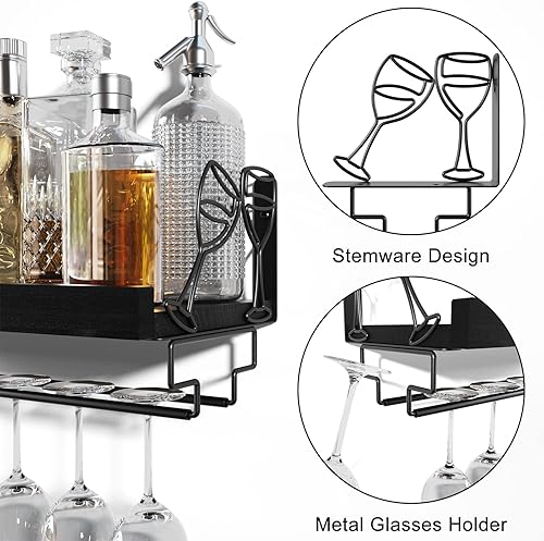 Miniatura 6 de Love-KANKEI Estante para vino con colgador de copas, estante para copas de vino de 17 pulgadas, estante flotante montado en la pared, estante de