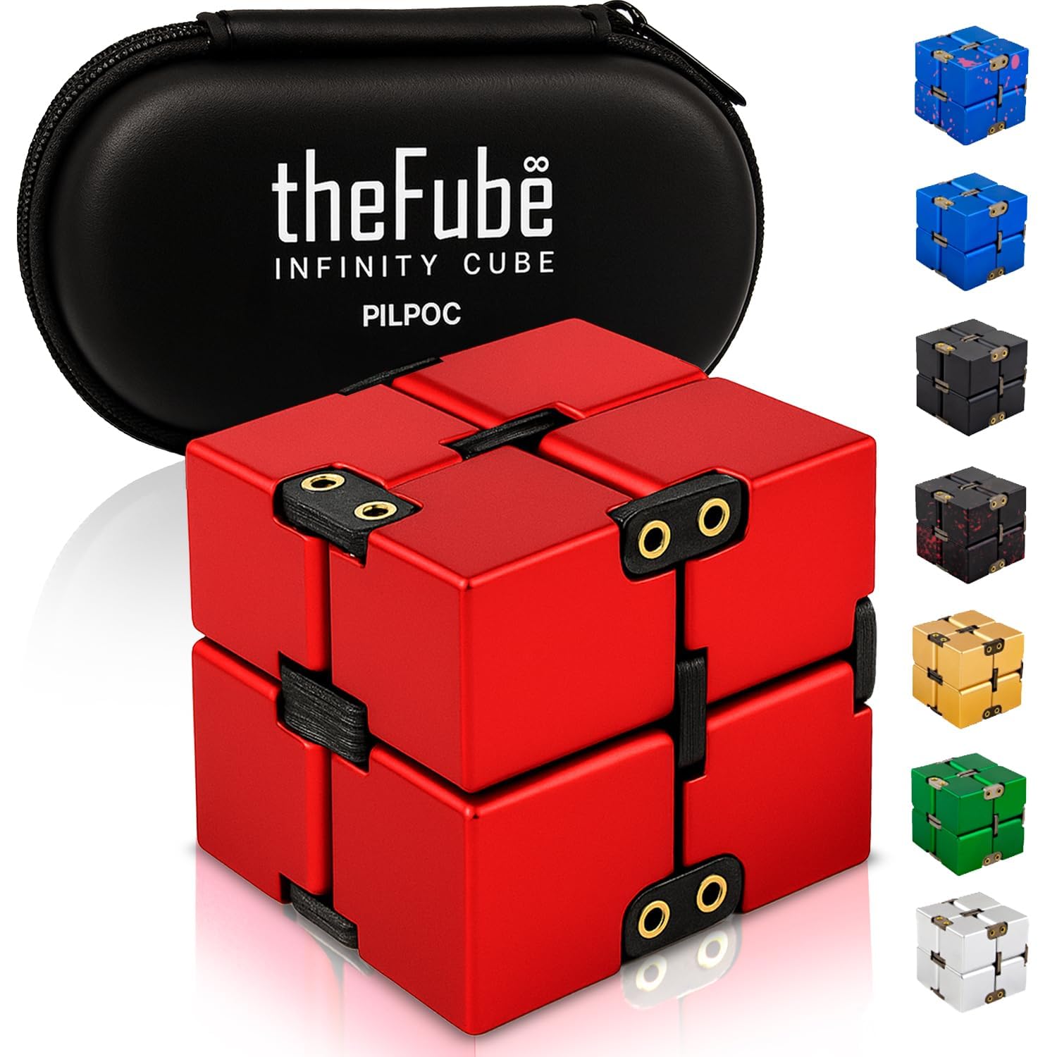 PILPOC theFube Infinity Cube Fidget Desk Toy - Aluminum Infinite Magic Cube with Case, Sturdy, Heavy, Relieve Stress and Anxiety, for ADD, ADHD, OCD (Red)