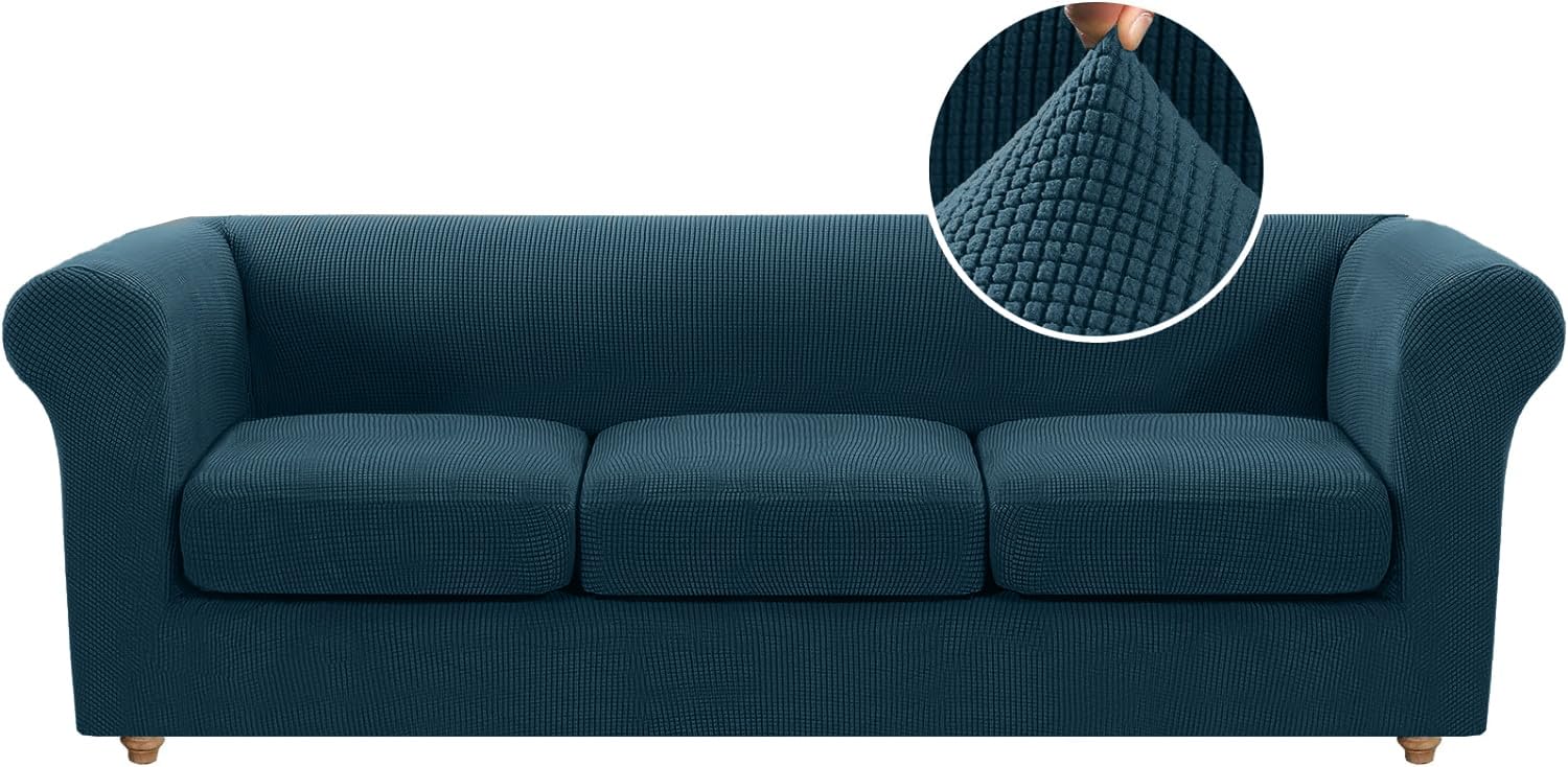LINGKY Stretch Chesterfield Sofa Cover 3 Seater With 3 Separate Sofa Cushion Covers, Jacquard Spandex Non-Slip Sofa Slipcovers for Living Room Furniture Protector (Deep Teal,3 Seater)