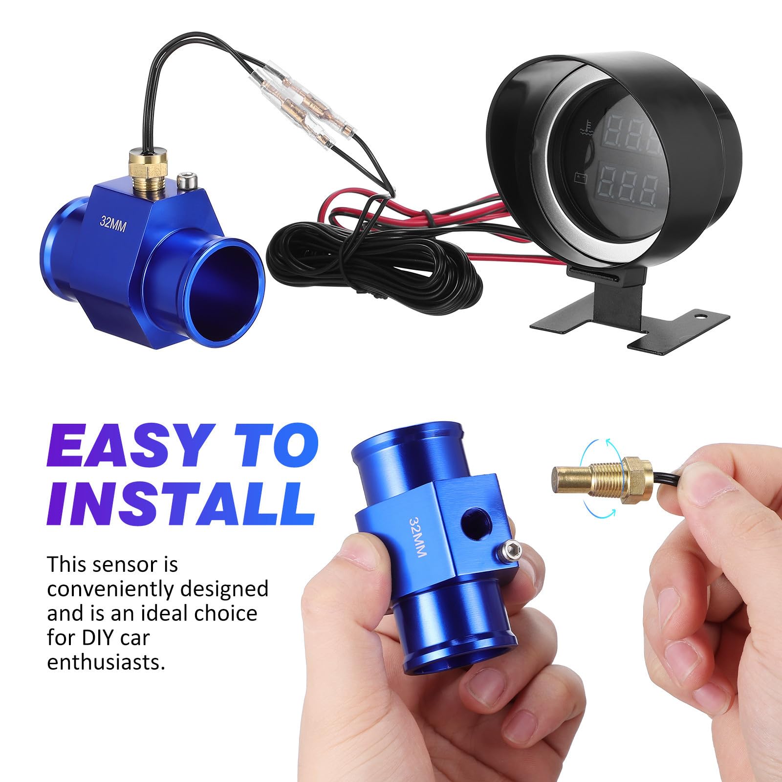 TOYANDONA Indicatore Temperatura Acqua Auto e Voltaggio, Strumento Rotondo in Plastico Nero con Display LED e Compatibilità Ampia per Veicoli, Kit con Adattatore per Uso Fai-da-te