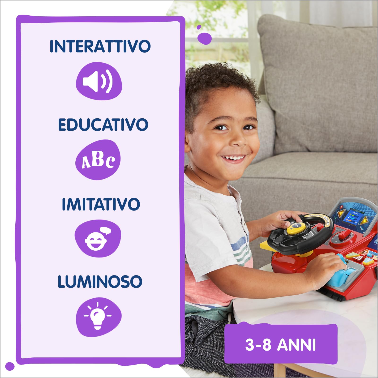 VTech Volante Turbo Pilota, Volante Bambini con Cruscotto Interattivo, Oltre 20 Giochi Educativi e 9 Circuiti, Schermo LCD, Clacson e Indicatore Direzione, Lingua Italiana, Batterie Incluse, 3-8 Anni