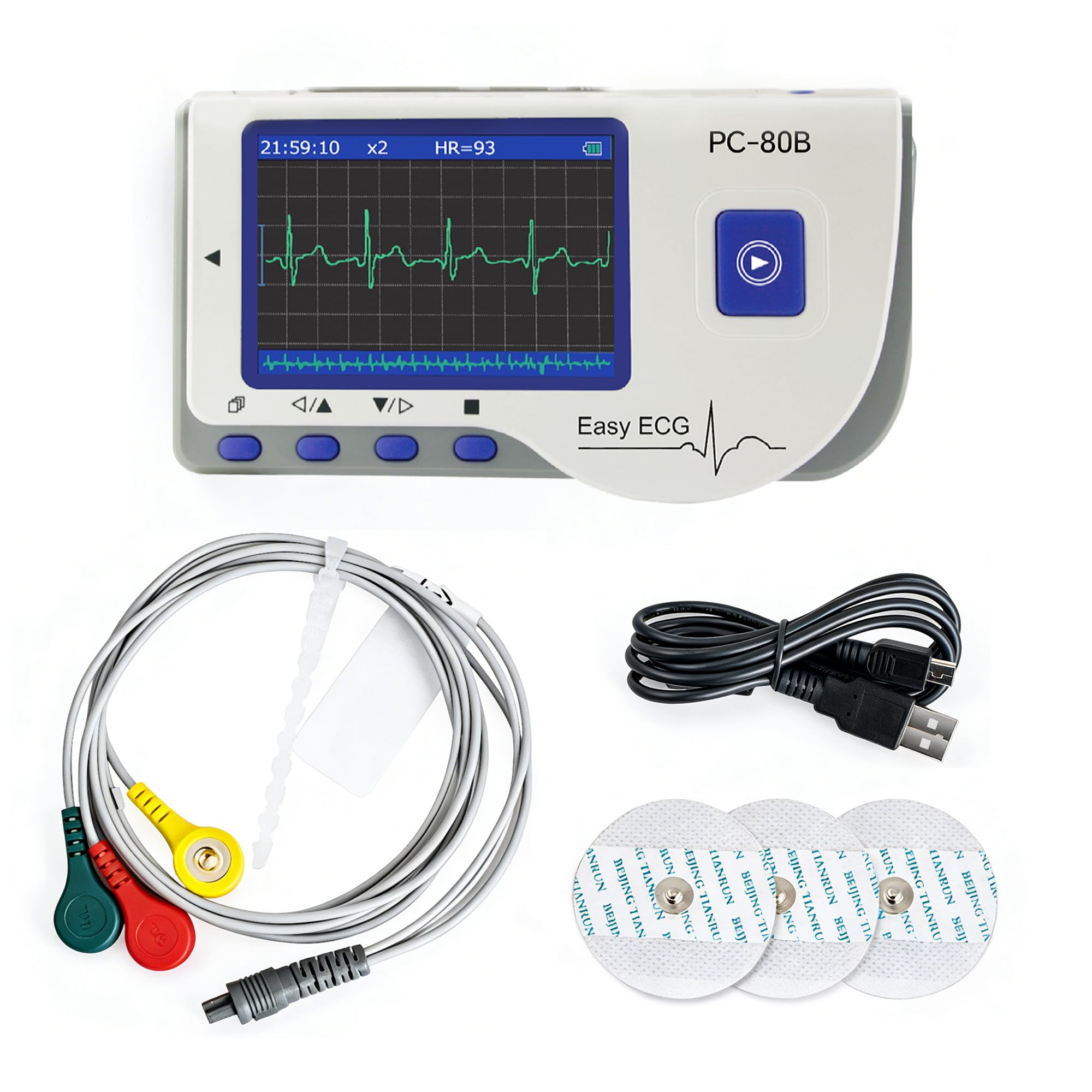 ECG Portatile a 3 Derivazioni con Analisi Algoritmica – 22 Ore di Registrazione Continua, Schermo LCD Integrato, Compatibile con Mac e Windows, Ideale per Uso Domestico