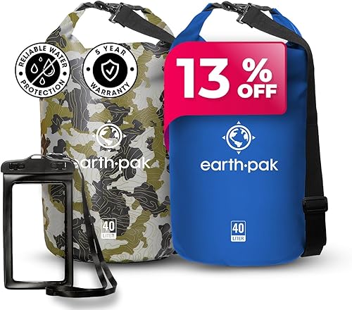 Earth Pak Bolsa seca impermeable - Mochila impermeable con parte superior enrollable (camuflaje 40L y azul 40L)