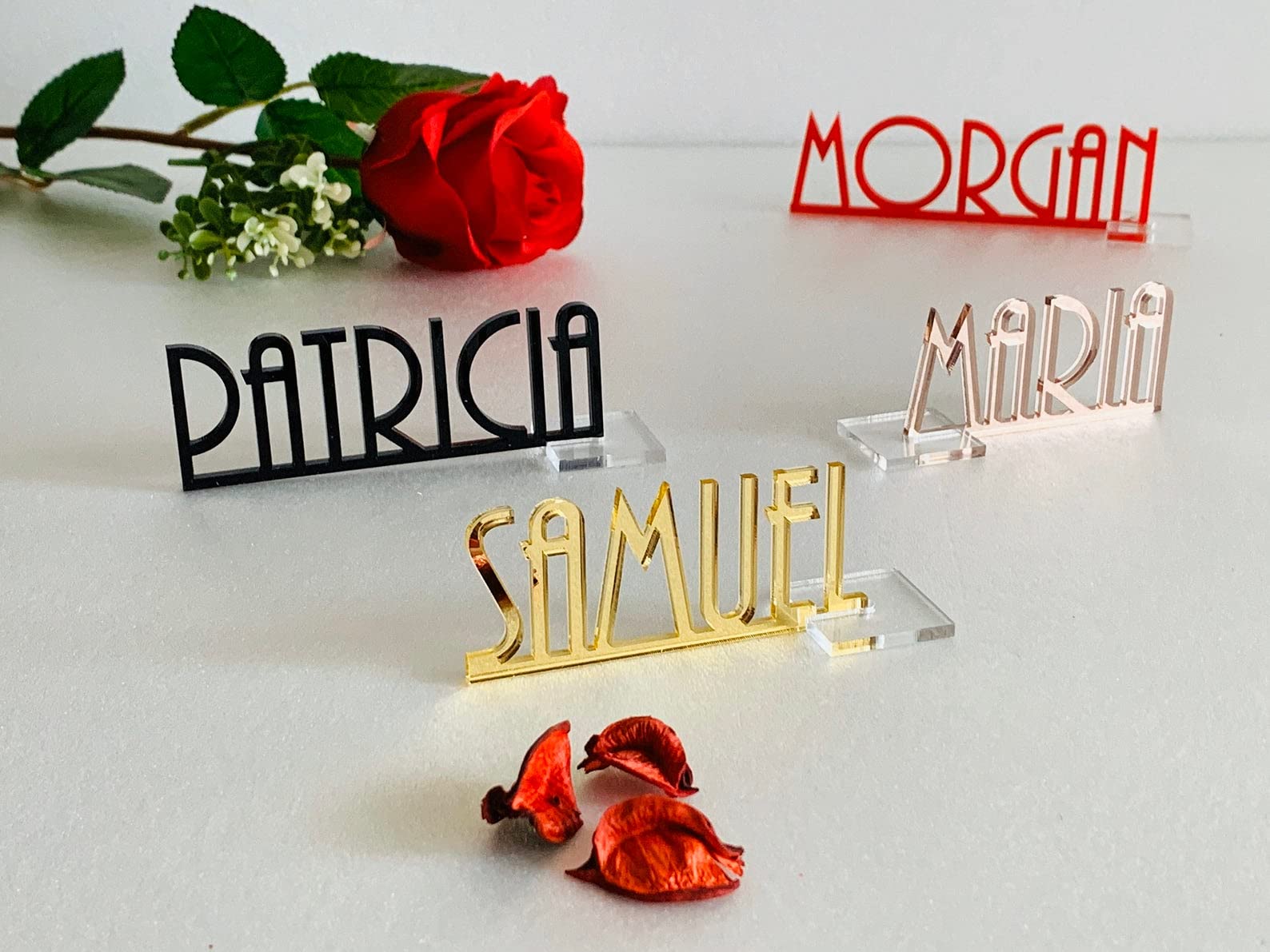 Nombres Decorativos Personalizados cortados con láser, Madera o acrílico para Decoración, Tarjetas de mesa, Marcasitios de boda con nombres en cursiva, Fiesta, eventos, Cumpleaños, Colores Variados