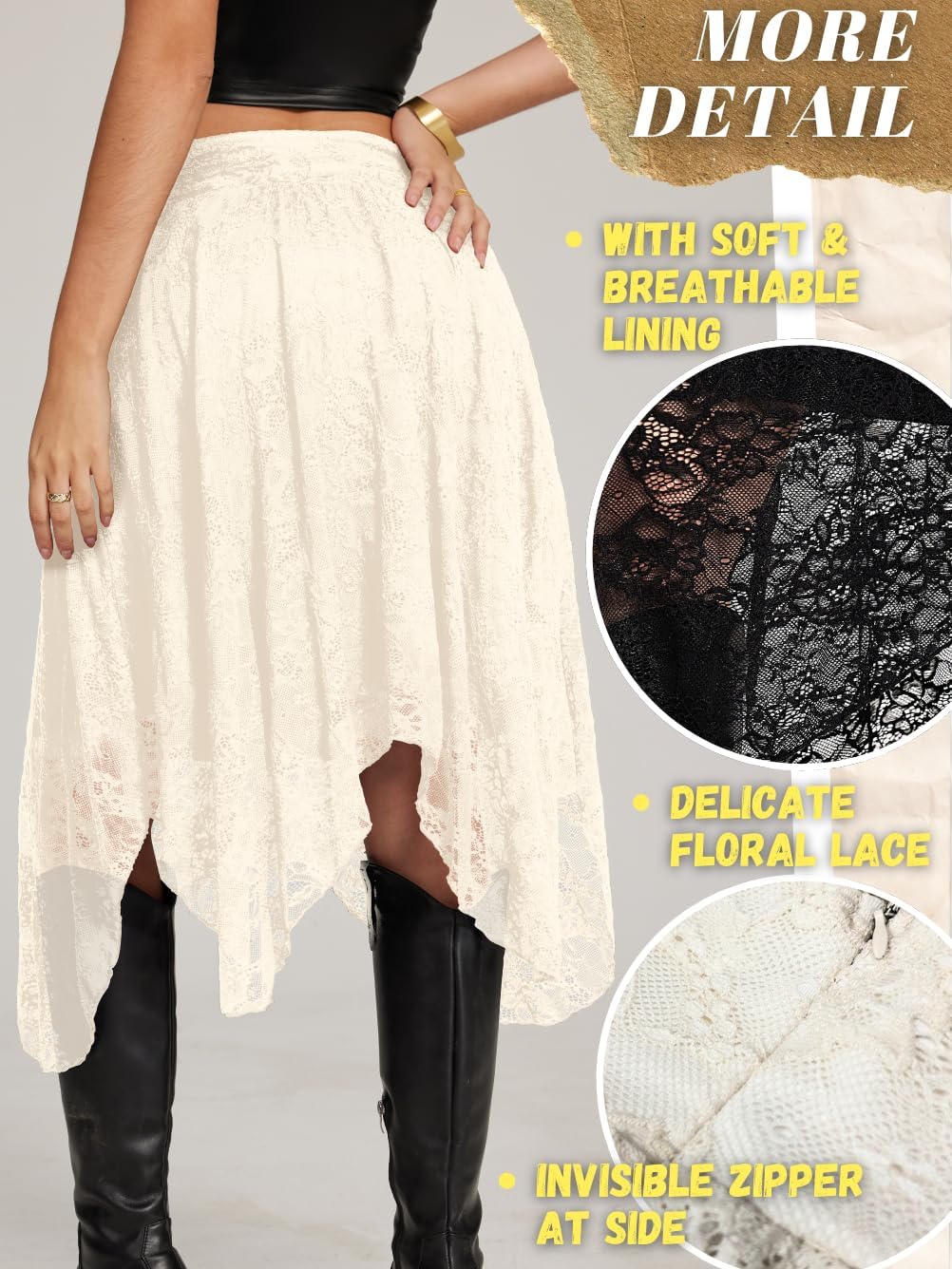 EHSUYAB Women's Lace Midi Skirt, Lining Layer Flowy Goth Renaissance Skirts, Country Concert Outfits Steampunk Music Festival - Image 4