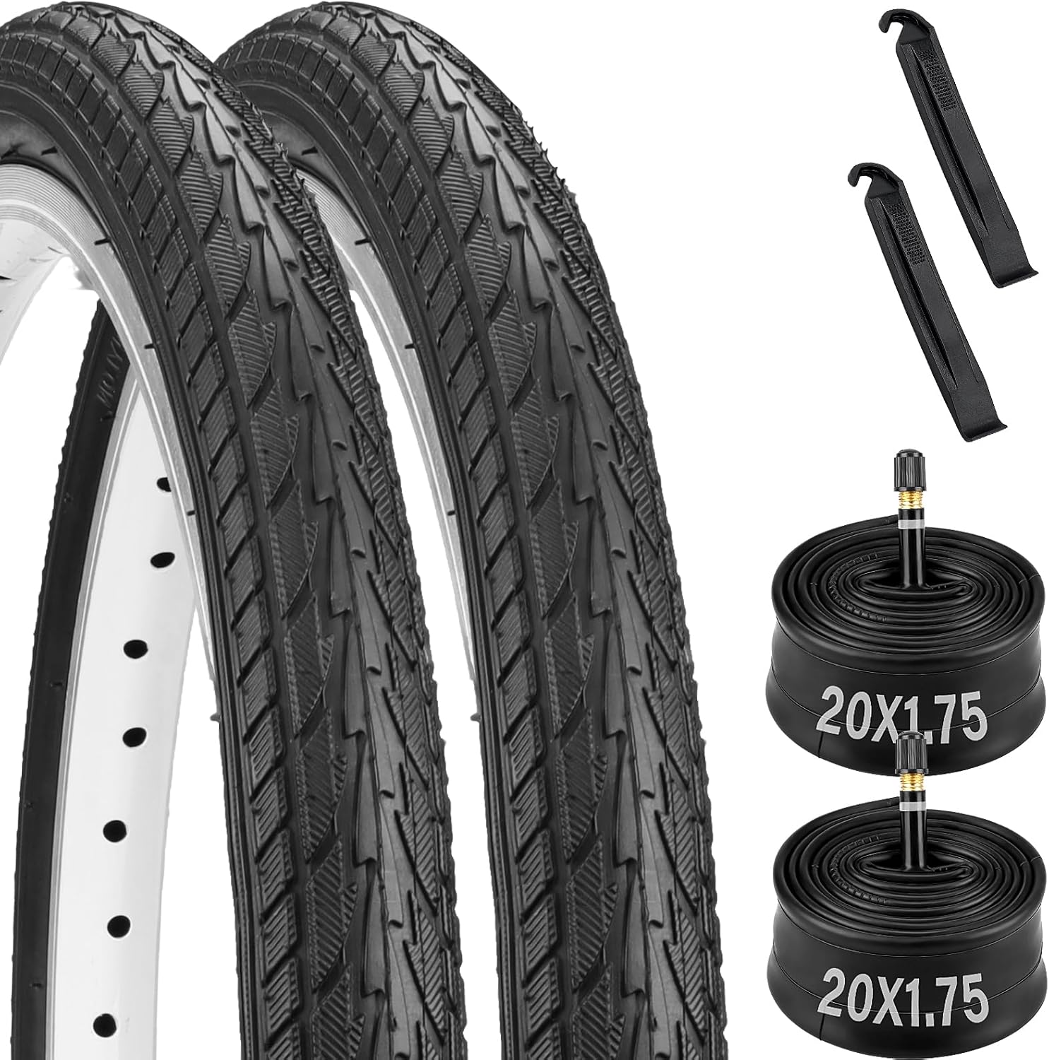 2 Pack 20x1.75 Bike tire, 20 x 1.75 Bicycle Tires and Tubes, 20" Road Bike Tires with Schrader Valve, 20x1.75 Mountain Bike Tire Replacement with 2 Tire Levers for 20 x 1.50/1.75/1.90/1.95"