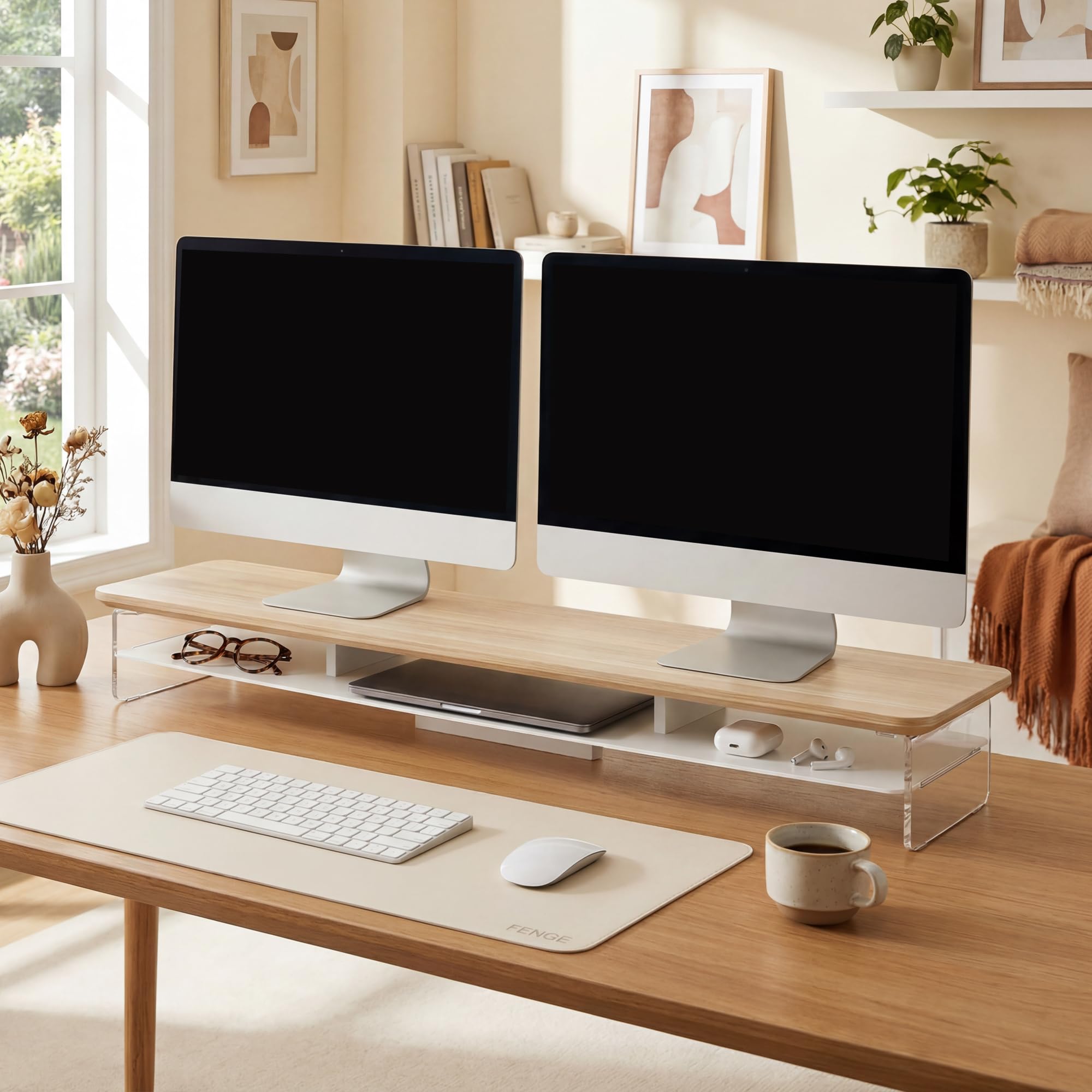 Fenge Support Écran PC Acrylique, Réhausseur Écran PC Bureau Bois et Métal, Adapté aux Ordinateurs, Écrans, TV, Ordinateurs, Imprimantes (Chêne, 108cm)
