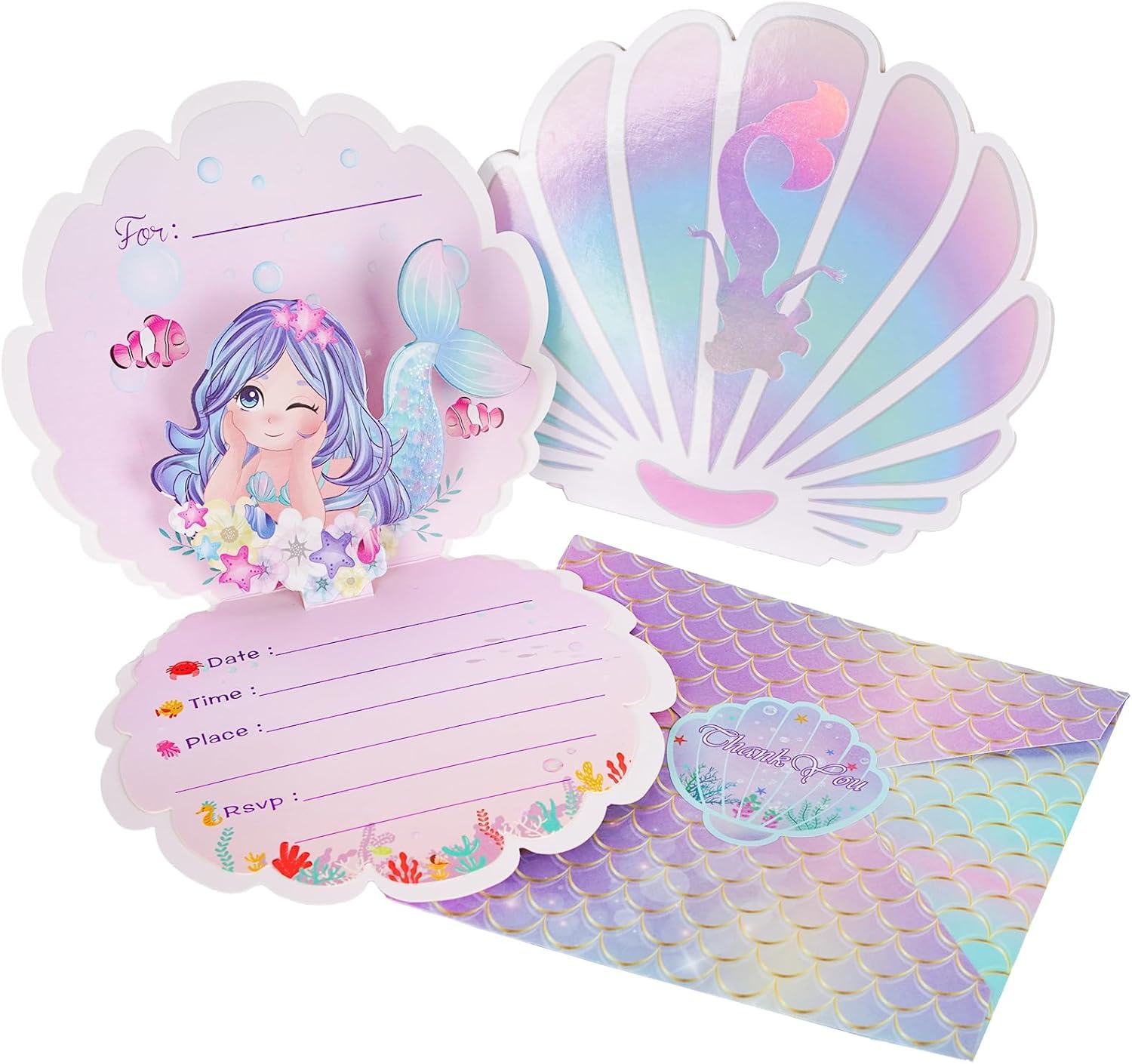 AerWo 24 PCS Mermaid Birthday Invitations Girl with Envelopes, Stereoscopic Exquisite Kids Birthday Party Invitations Mermaid Party Supplies, Little Mermaid Under the Sea Party Decorations