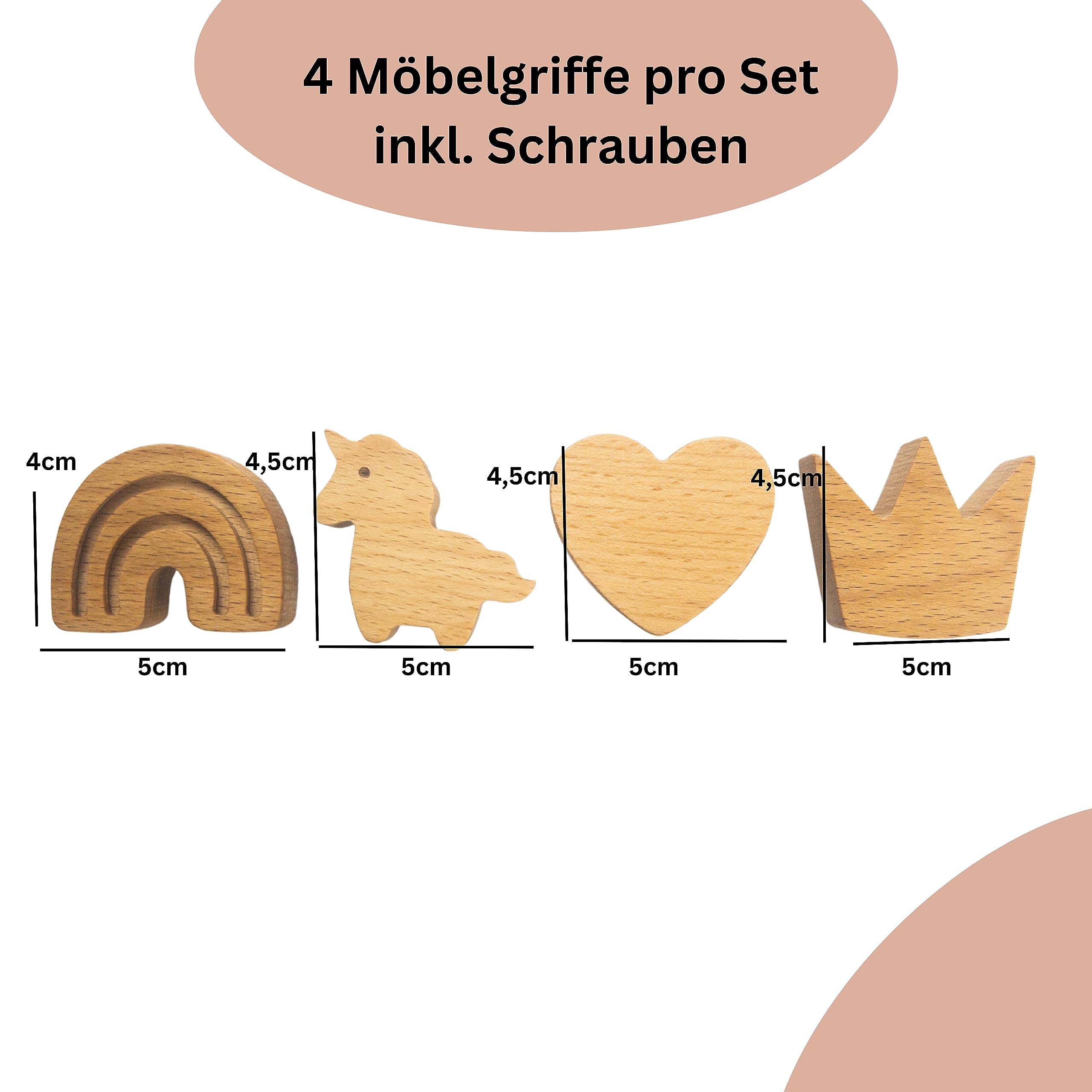 4 Kommode Griffe Kinder Aus Holz - Einhorn, Krone, Herz, Regenbogen