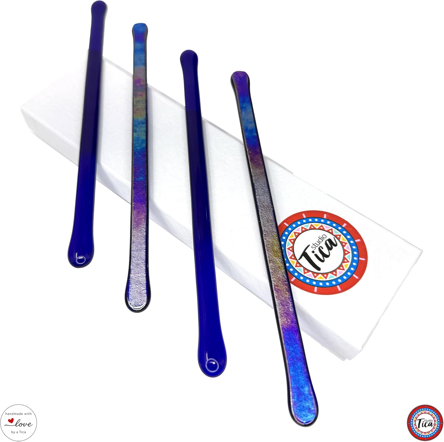 Handmade Glass Swizzle Sticks: Midnight Fire (Frosted Fire Collection) - 7.25 inch stirrer for Coffee Tea and Mugs - Set of 4 with Gift Box by studioTica