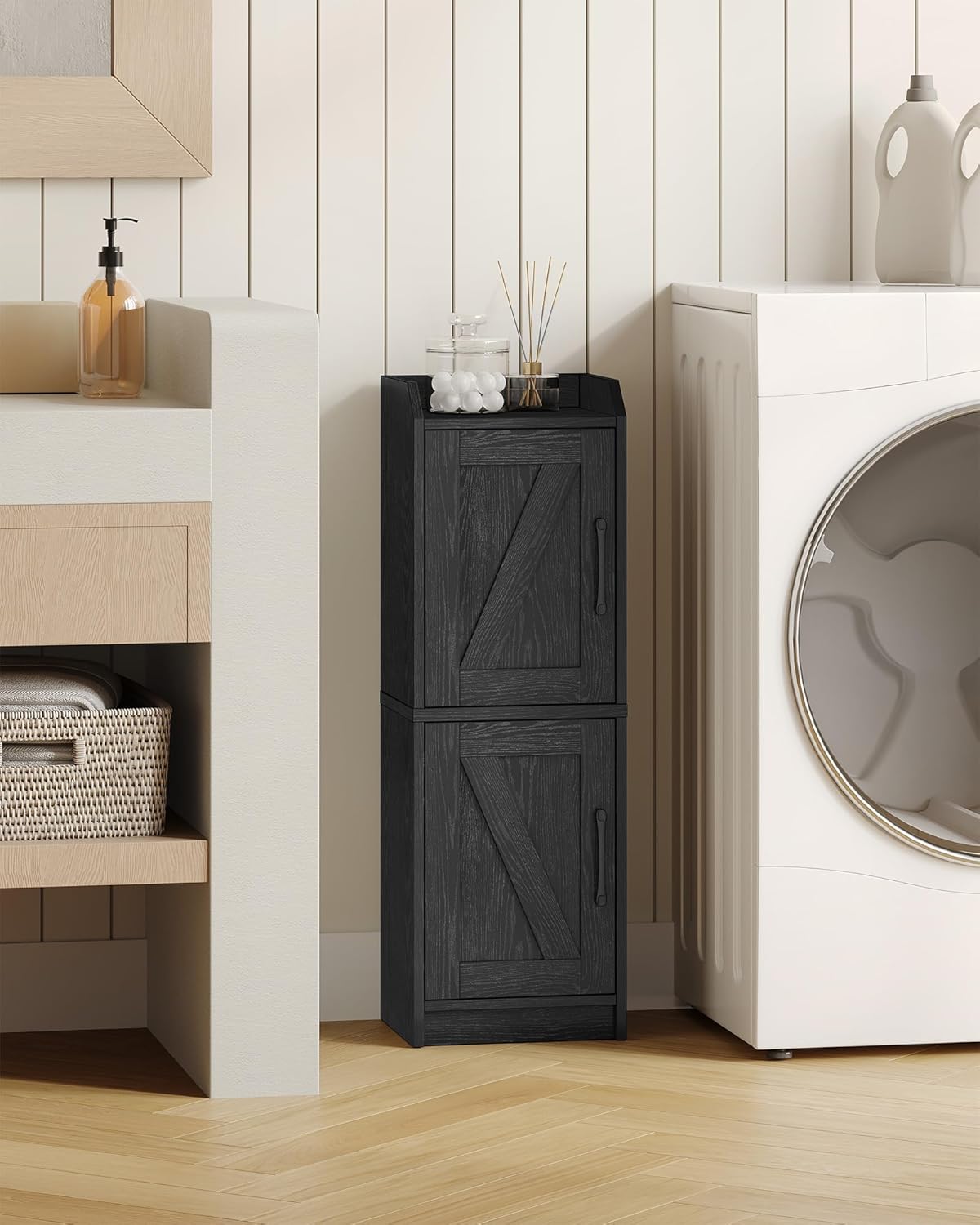 Bathroom Storage Cabinet, Small Corner Floor Cabinet with Door and Shelves, Narrow Bathroom Organizer and Paper Storage with Adjustable Shelves, for Small Spaces, Black BC27104X