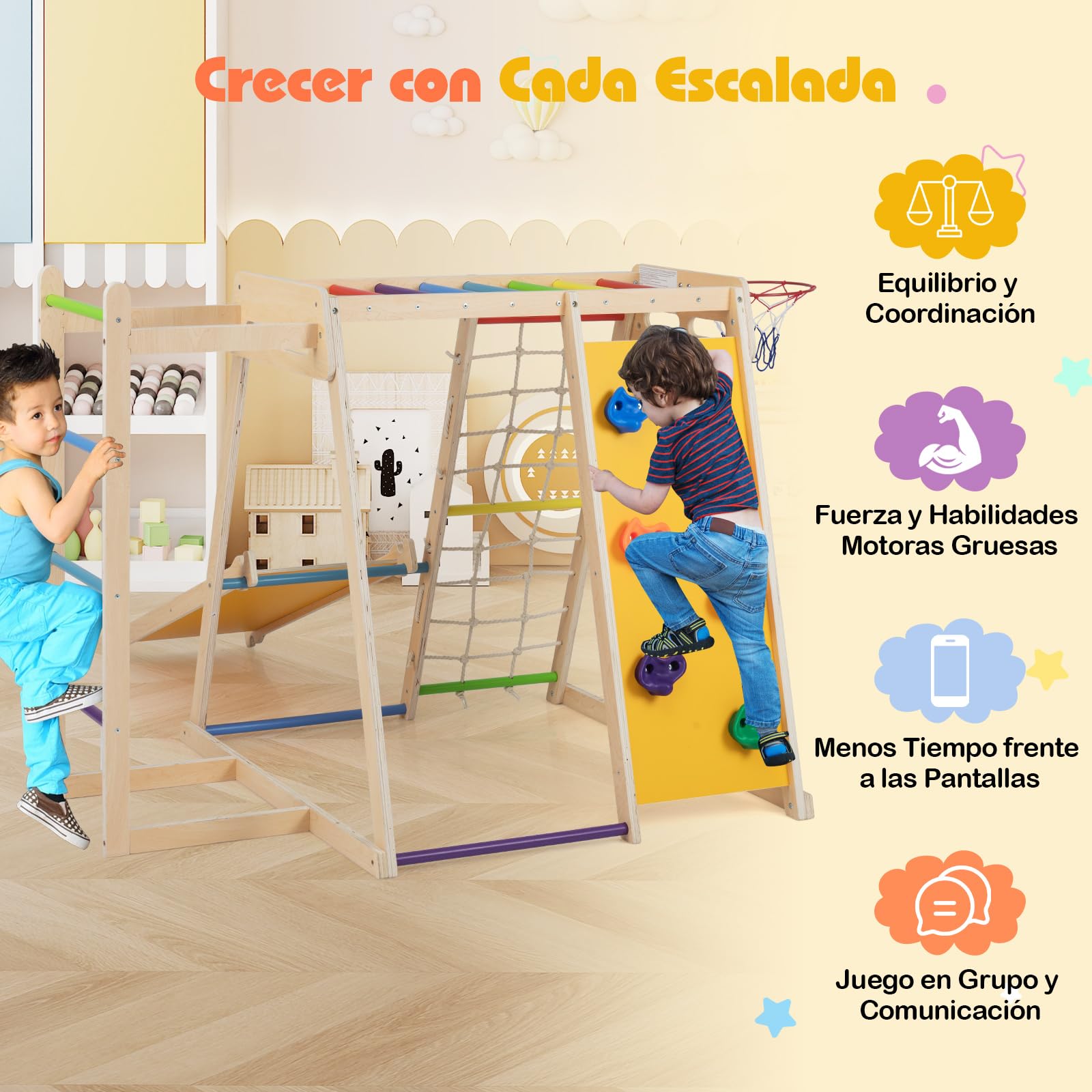 COSTWAY Gimnasio Infantil para Interior 6 en 1, Parque Infantil de Madera Montessori para Escalar con Tobogán, Escalada, Aro de Baloncesto, Barras de Mono, Red de Cuerda, Escalera (Multicolor)