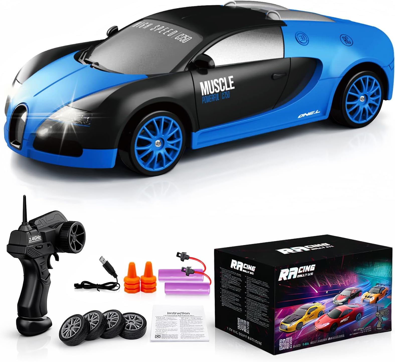 Remote Control Car RC Drift Car 2.4GHz 1:24 Scale 4WD 15KM/H High Speed Model Vehicle with LED Lights Drifting Tire Racing Sport Toy Car for Adults Boys Girls Kids Gift 2Pcs Rechargeable Batteries