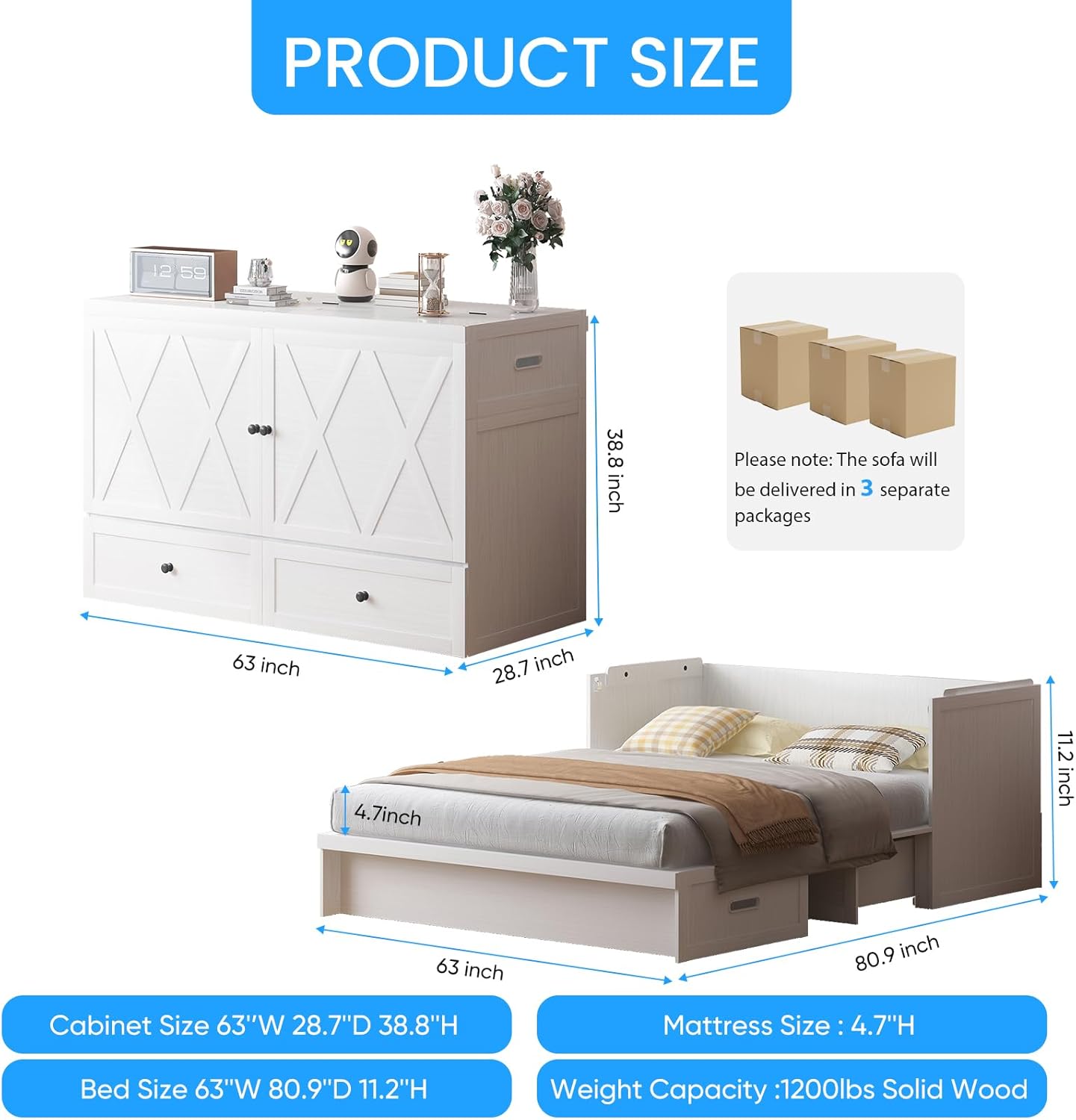 PUREMIND Queen Murphy Bed with Tri-Fold Mattress, Cabinet Beds Chest with USB Charging Station & Storage Drawer, Space-Saving Cabinet Bed for Small Apartments, Guest Room, Home Office (White)