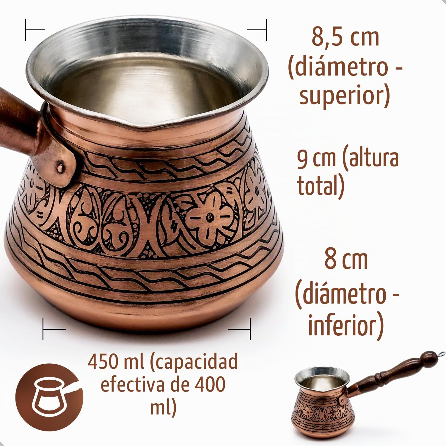 Jarra moca hecha a mano de 450 ml de cobre de 2 mm de grosor grabada - Cafetera turca - Cezve - Ibrik - Briki - para 5 personas