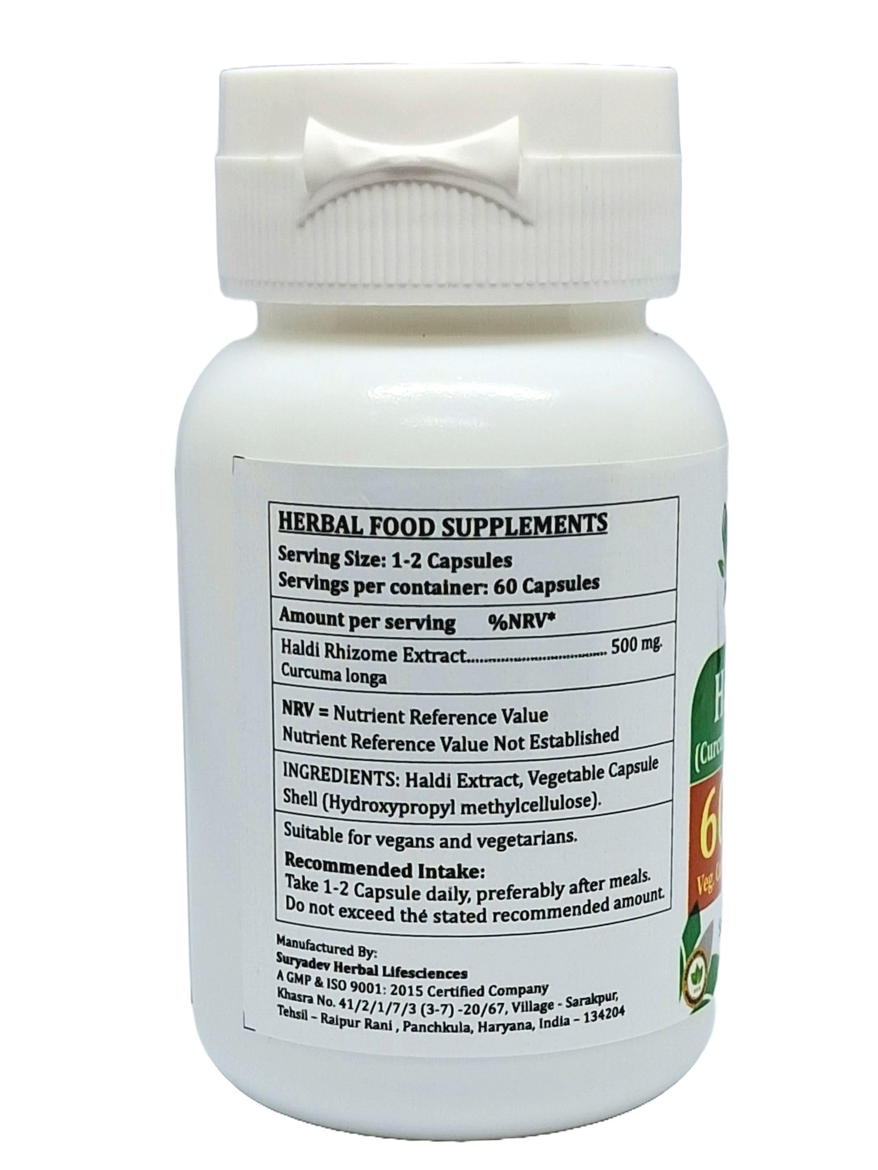 Curcuma Longa (Haldi, Curcumin, Turmeric) Extract Capsules | Highest Potency, 100% Herbal Product | Pack of 60 X 500 mg. Veg. Capsules (Pack of 1 Bottle) — Amazon image 2