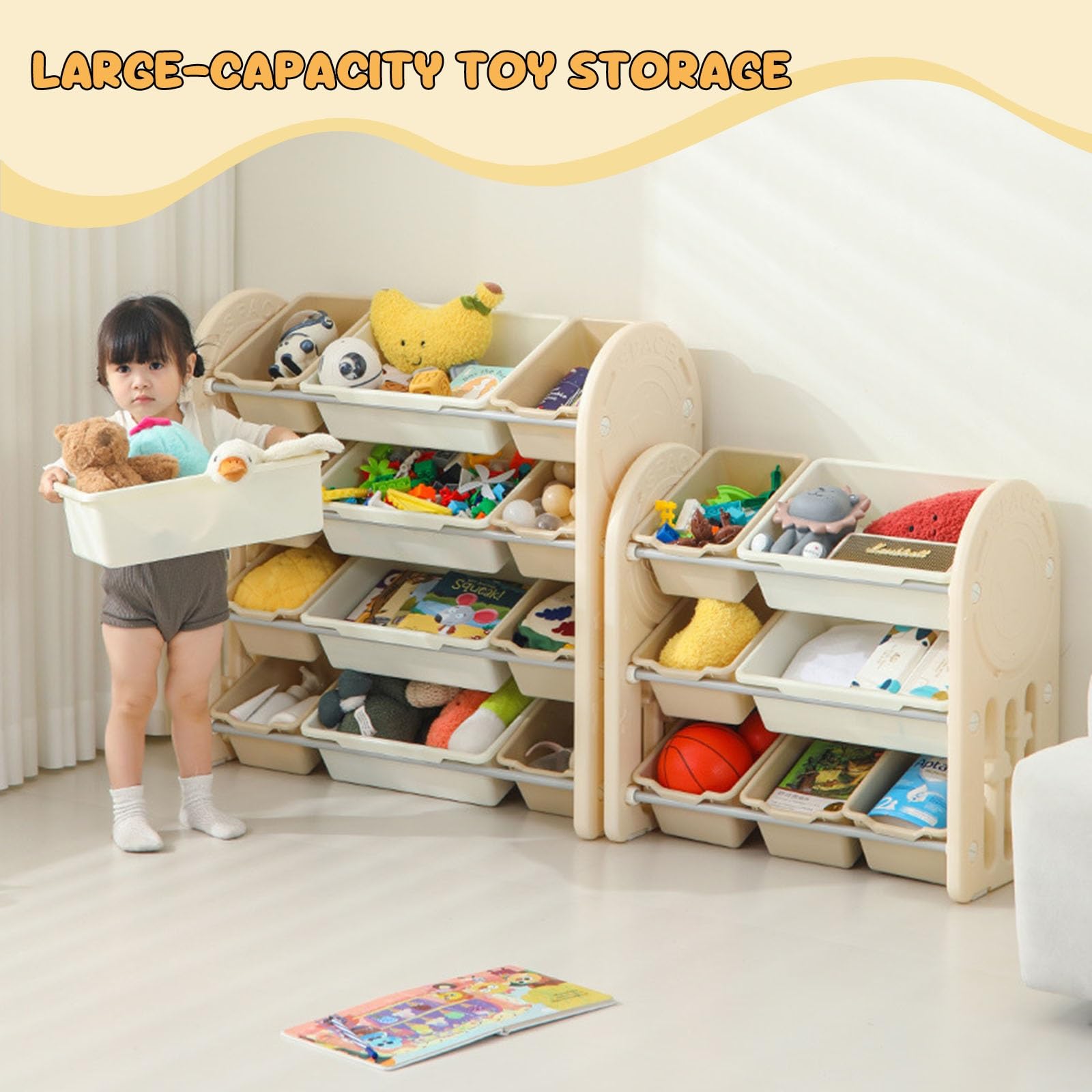 Scaffale Portaoggetti per Giocattoli con Contenitori Rimovibili e Ripiani Scaffale per Giocattoli per Camera da Letto, Cameretta o Sala Giochi Montessori(Beige,40.5 * 13.8 * 33in)