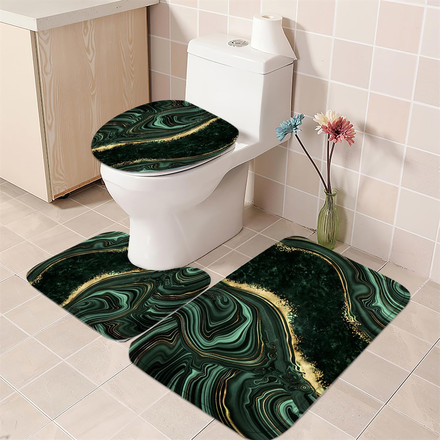 Nkzply 4 Pcs Green Marble Shower Curtain Sets with Rugs Gold Bathroom Sets with Shower Curtain and Rugs Modern Abstract Bathroom Decor Accessories Shower Curtains for Bathroom Toilet Lid Cover
