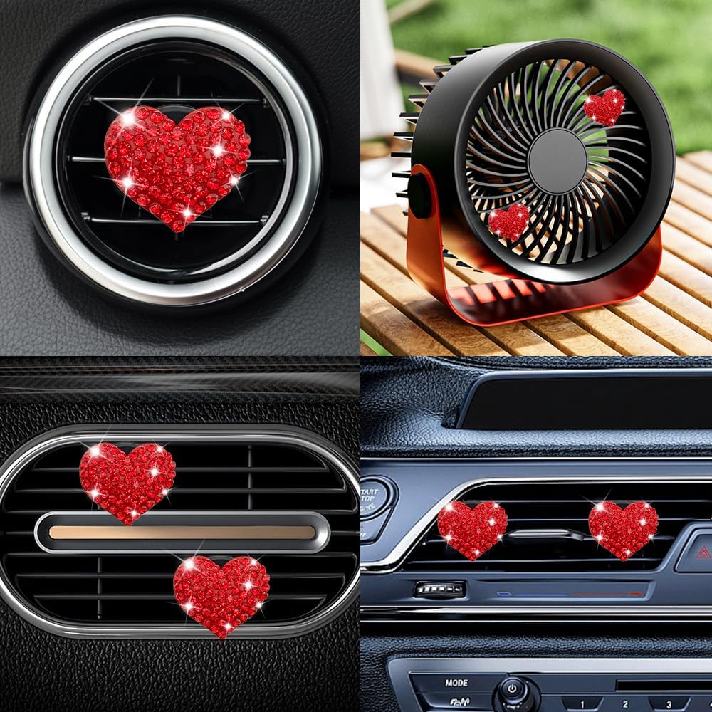 4PCS Heart-Shaped Car Vent Clips, Crystal Rhinestone Car Air Vent Clip, Heart Car Air Conditioning Outlet Perfume Holder, Universal Bling Car Interior Accessories for Women Girls (Red) image 5