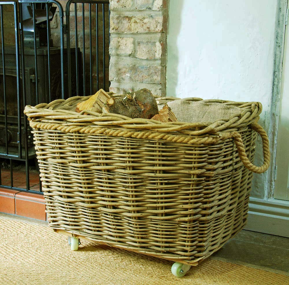 Extra Large mill wheelie log basket rope handled deep set rectangular hessian lined