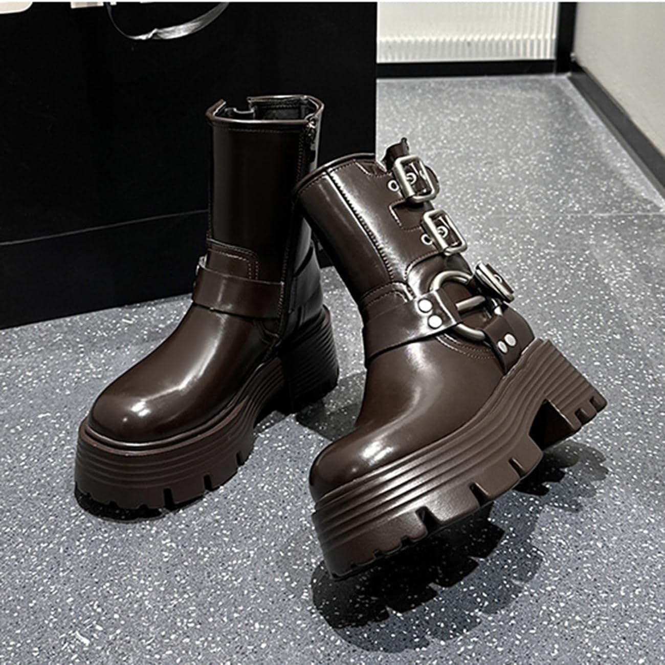 Womens Platform Ankle Boots Zip Belt Buckle Riding Boots Fashion Chunky Motorcycle Boots
